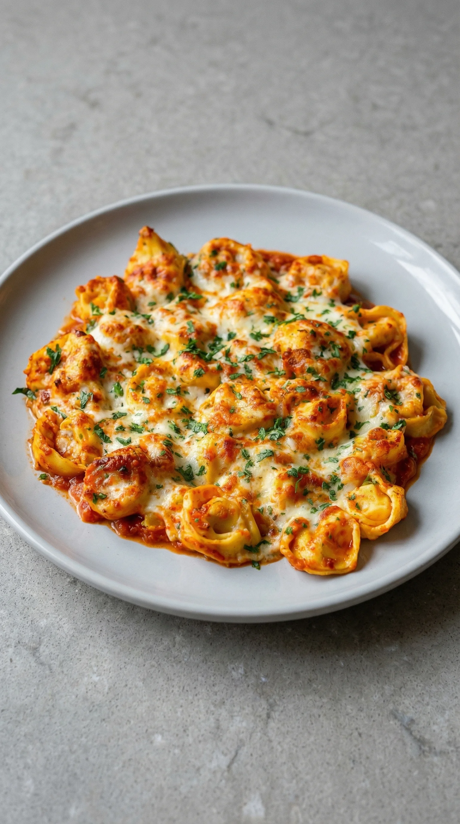 Eine Platte mit überbackenen Tortellini, die mit Käse und Tomatensoße garniert sind.