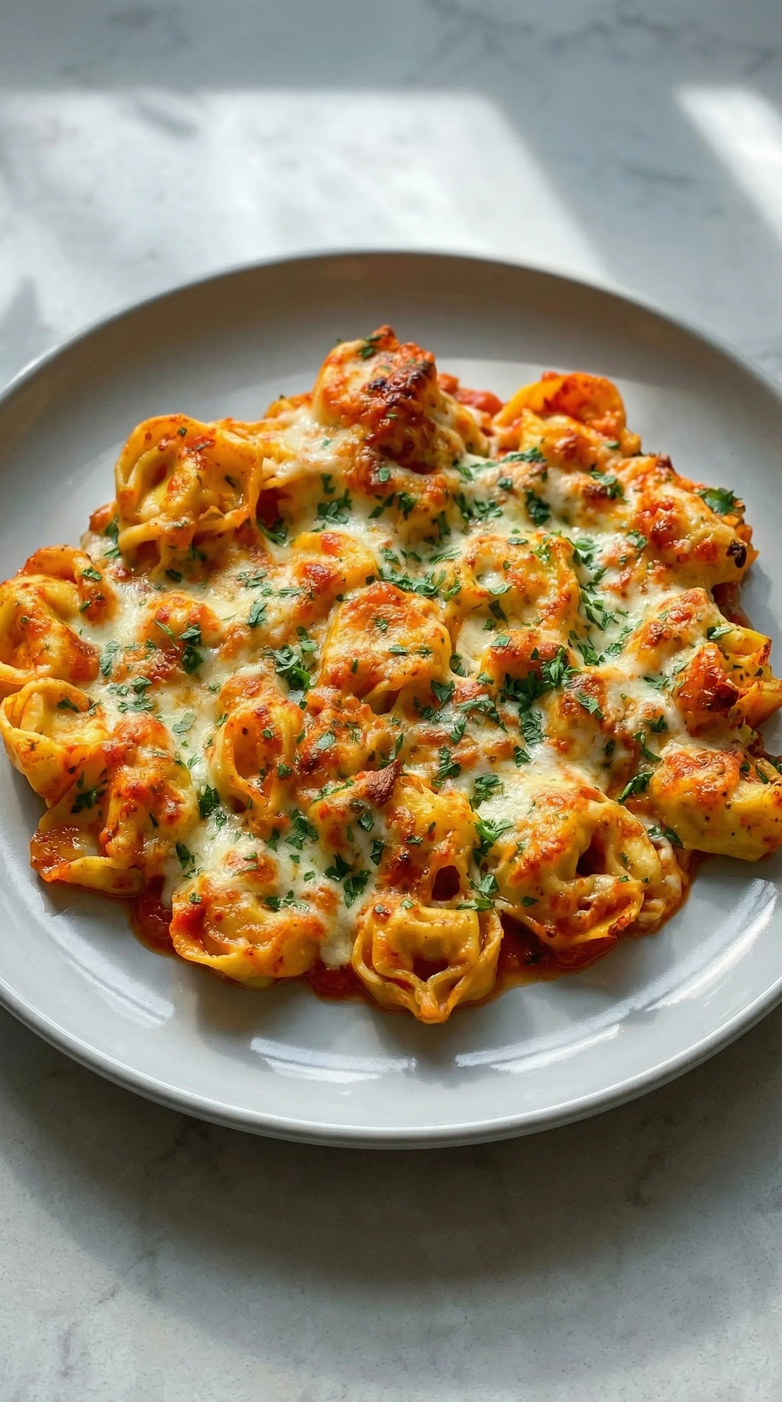 Eine Platte mit überbackenen Tortellini, die mit Käse und Zwiebeln garniert sind.
