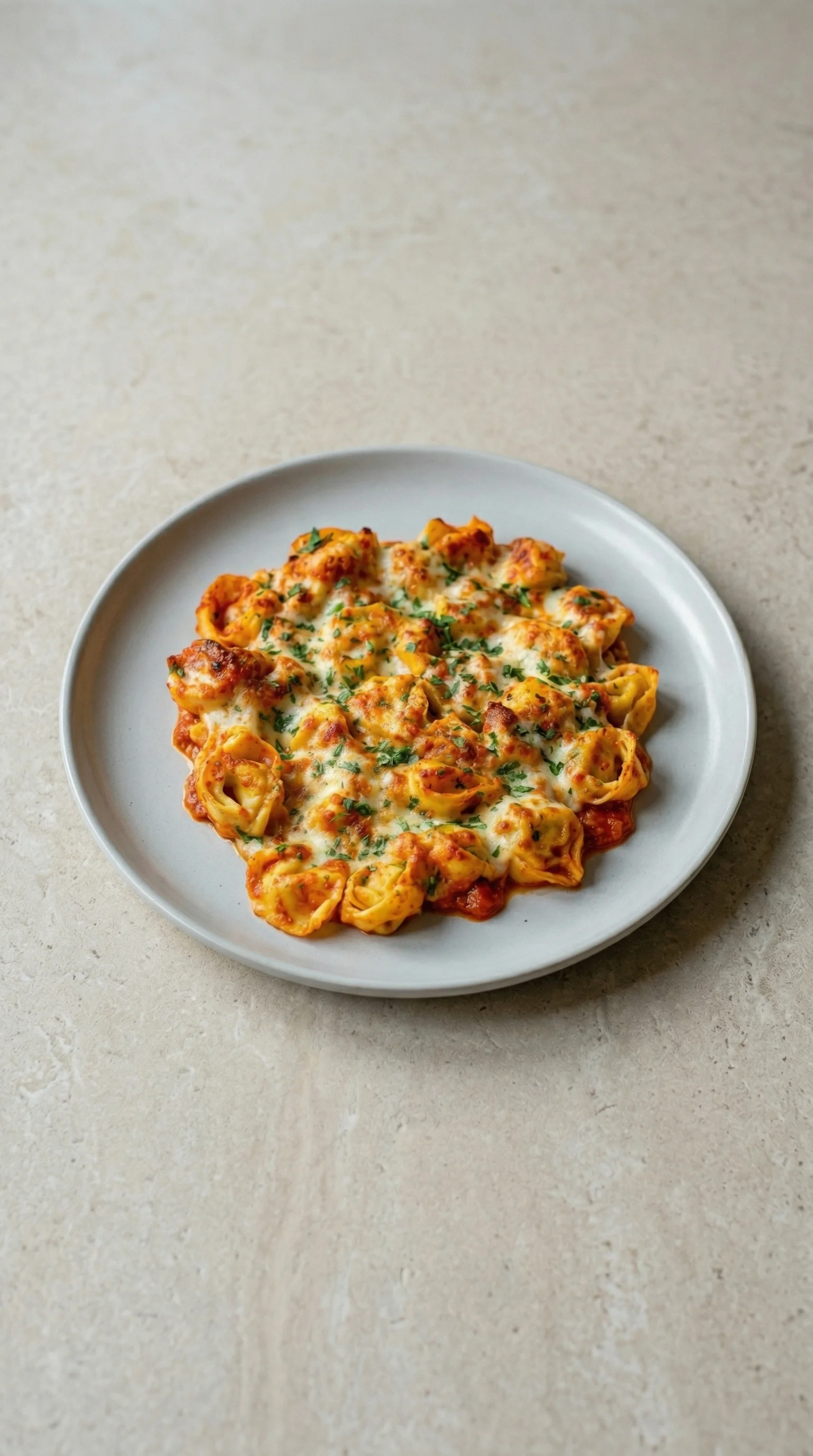 Eine Platte mit überbackenen Tortellini, die mit Käse und Zwiebeln garniert sind.