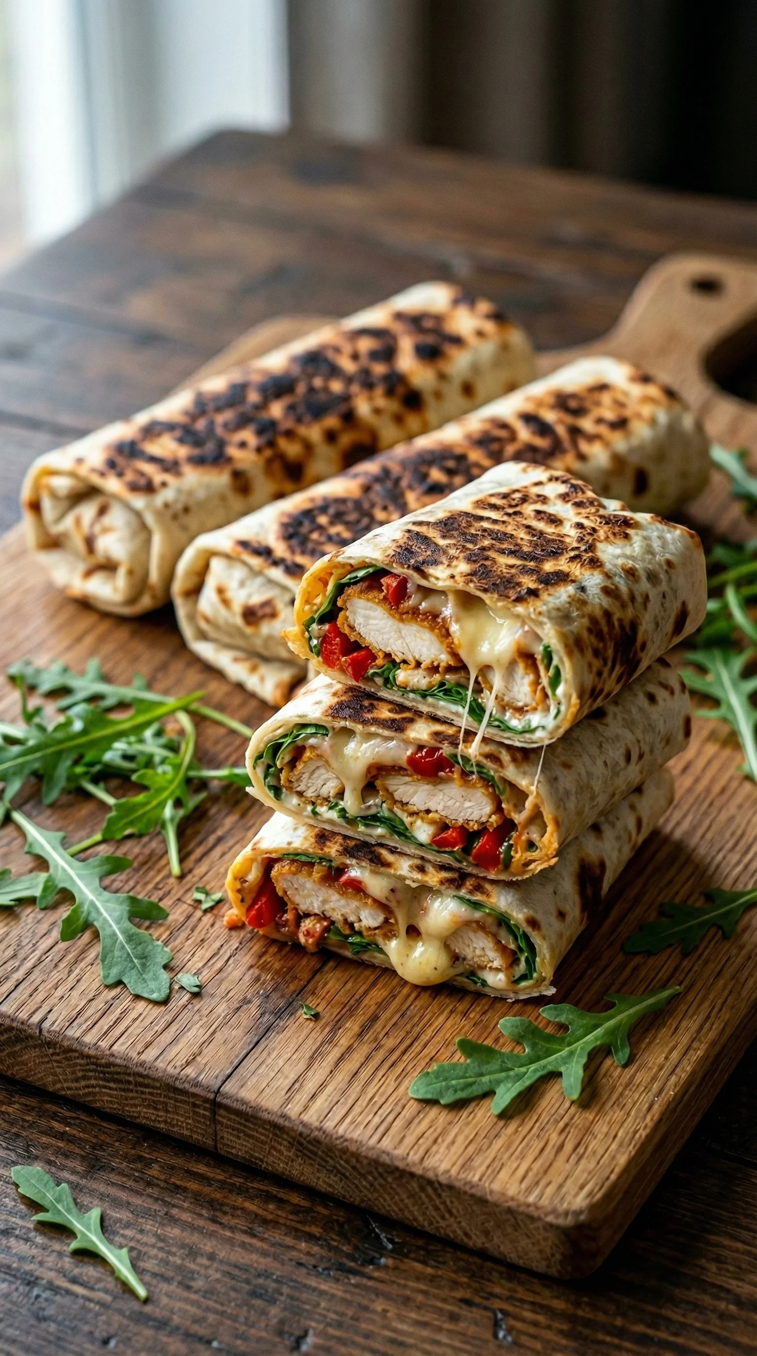 Zwei Knusprige Hähnchen-Mozzarella-Wraps auf einem Holzblock.
