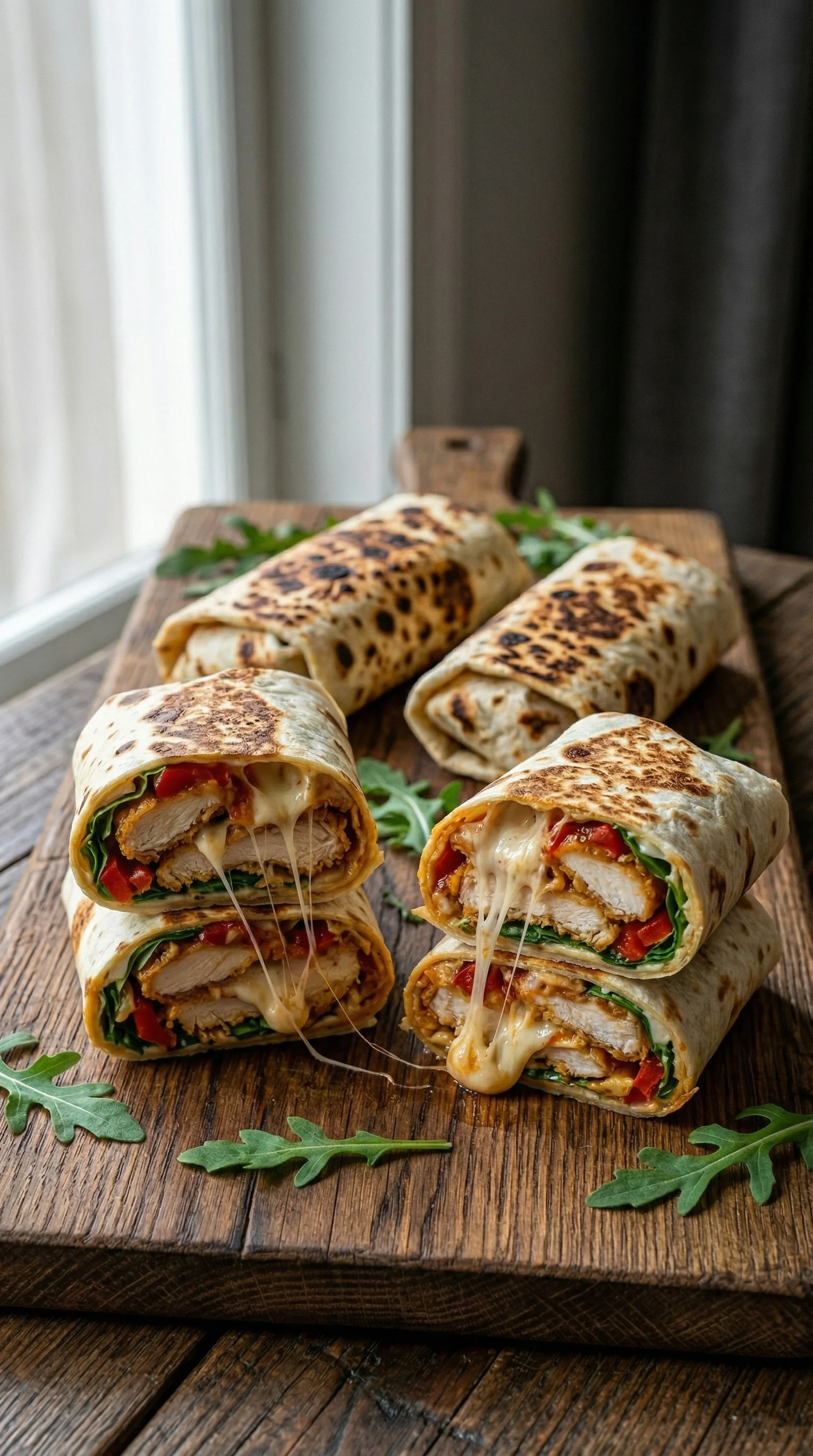 Eine Schüssel mit Hähnchen-Mozzarella-Wraps auf einem Tisch.