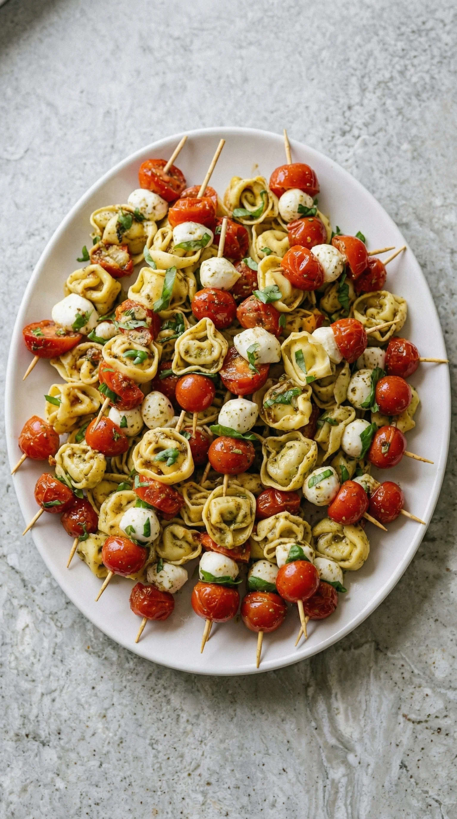 Ein weißer Teller mit einer Mischung aus Tortellini, Tomaten, Mozzarella und Basilikum.