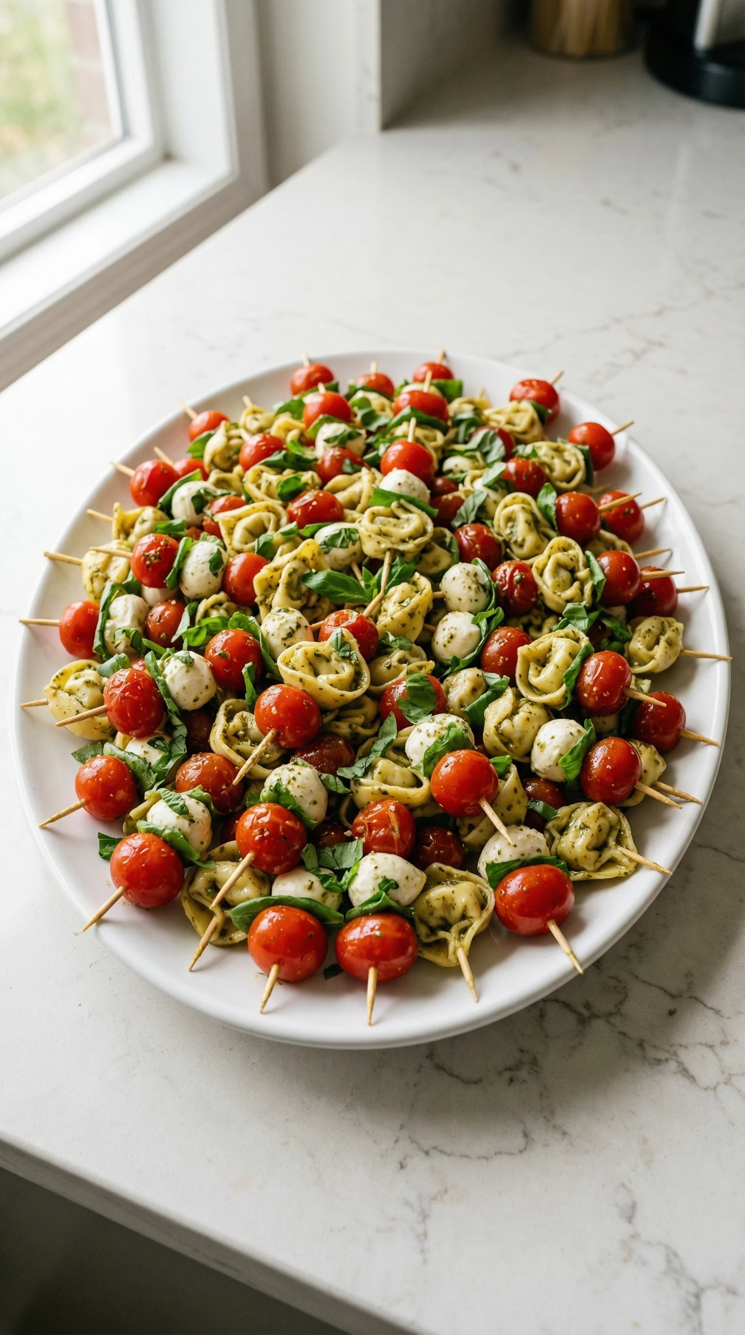 Ein weißer Teller mit einer großen Anzahl von Tortellini Spießen, die mit Tomaten und Mozzarella garniert sind.