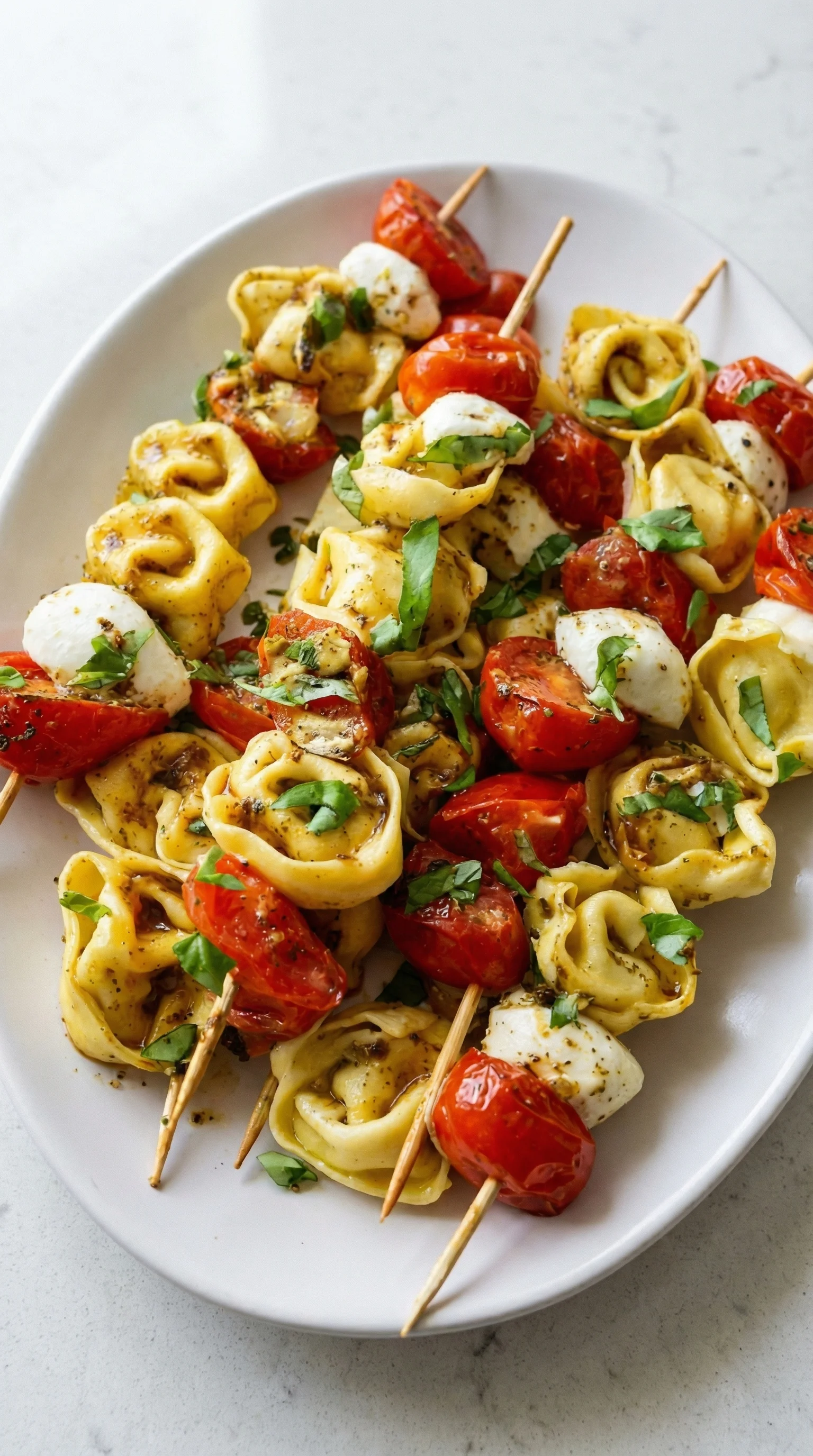Eine Platte mit Tortellini Spießen, die mit Tomaten und Mozzarella garniert sind.