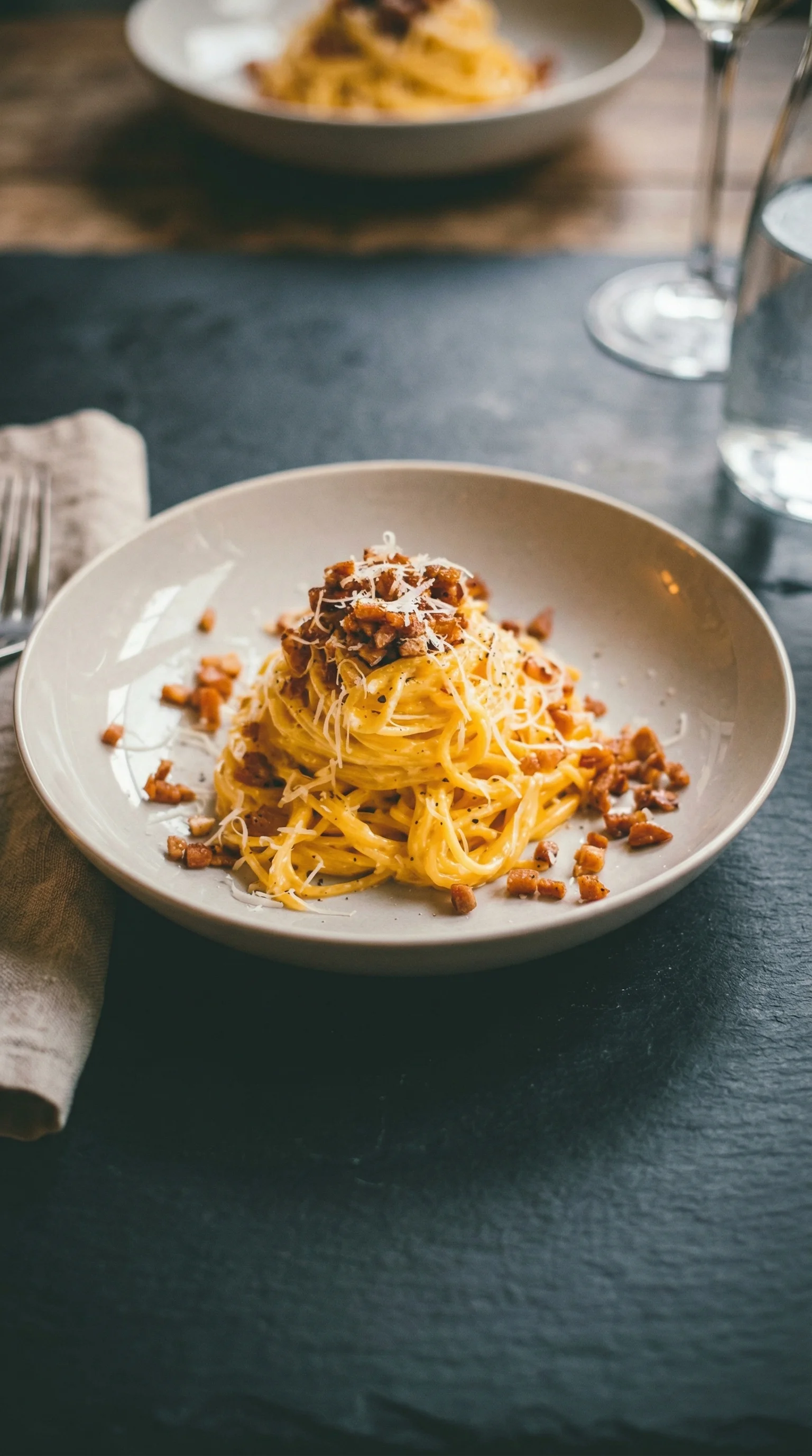Ein weißer Teller mit Spaghetti Carbonara auf einem Tisch.