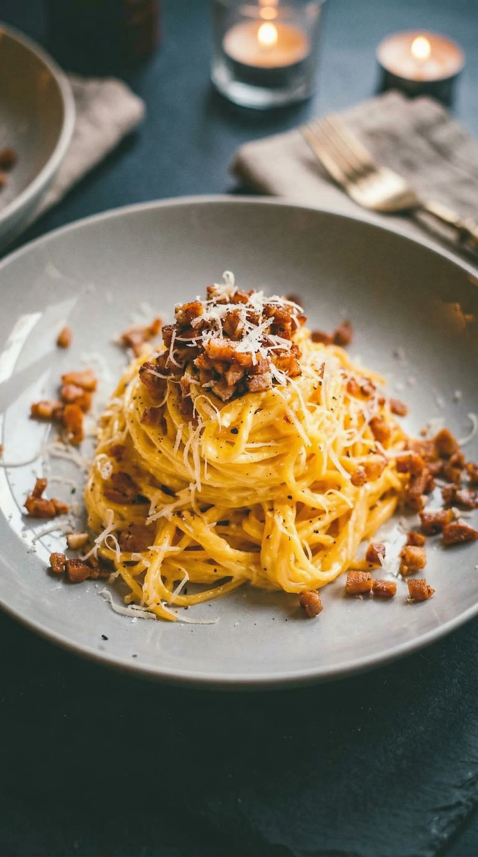 Ein Plate mit Spaghetti Carbonara, einer italienischen Spezialität, die mit Bacon, Parmesan und Pasta zubereitet wird.