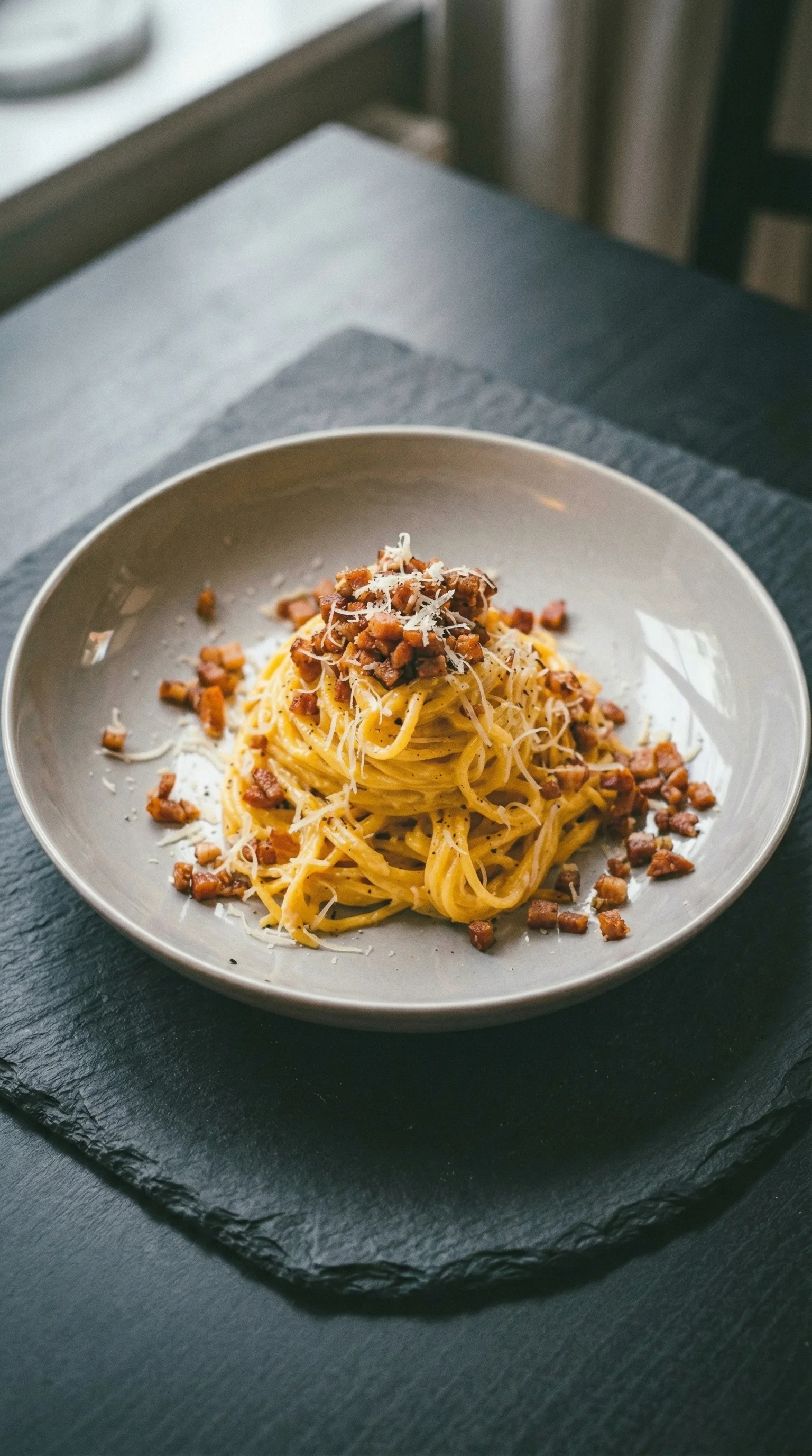 Ein Plate mit Spaghetti Carbonara, einer italienischen Spezialität, die aus Spaghetti, Rinder- oder Schweinefleisch, Käse und Kräutern zubereitet wird.