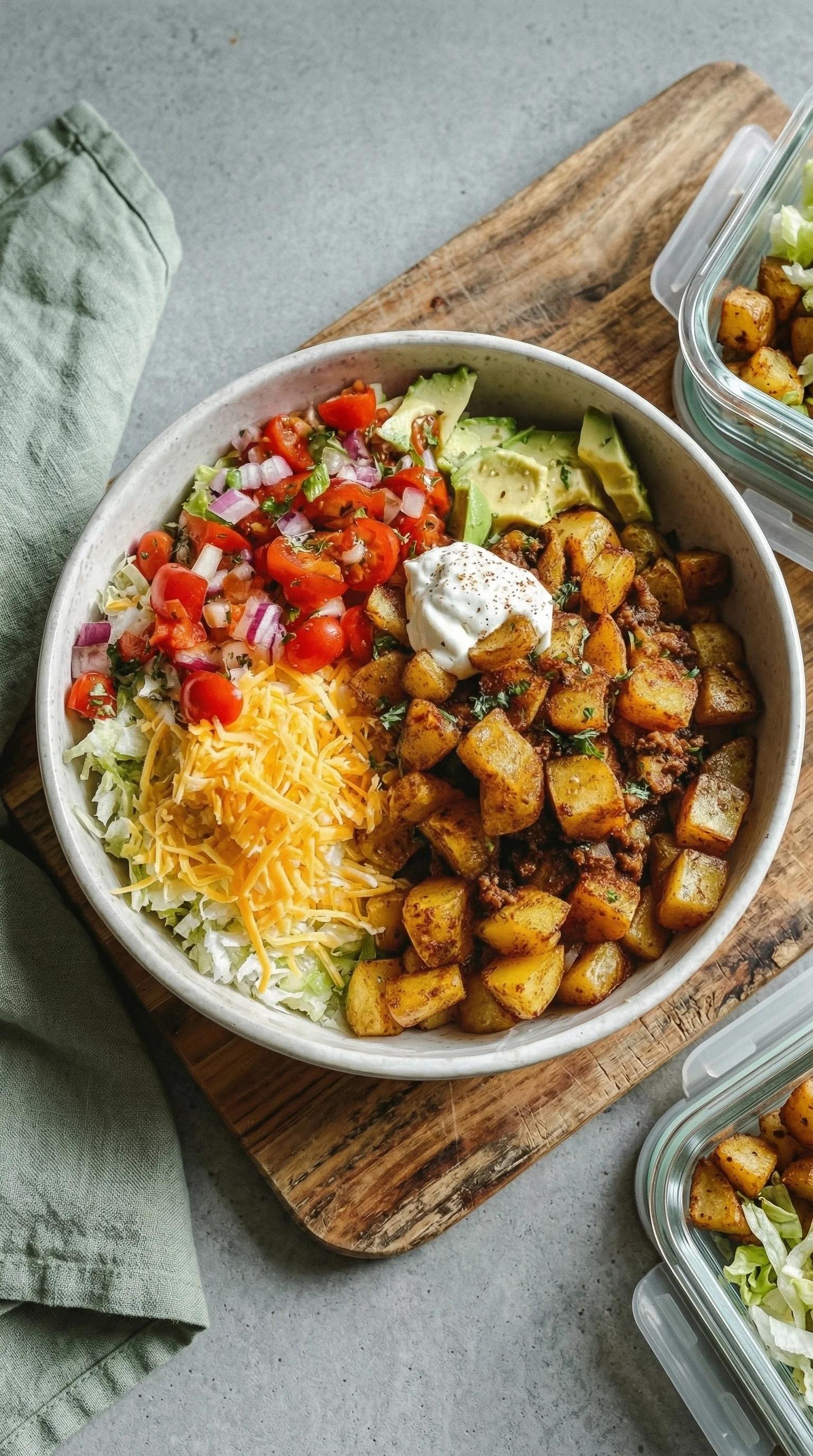 Ein Schnell-Kartoffel-Taco-Bowl-Meal-Prep-Bild, das eine Mischung aus Kartoffeln, Taco-Toppings, Lettuce und Tomaten enth&auml;lt.