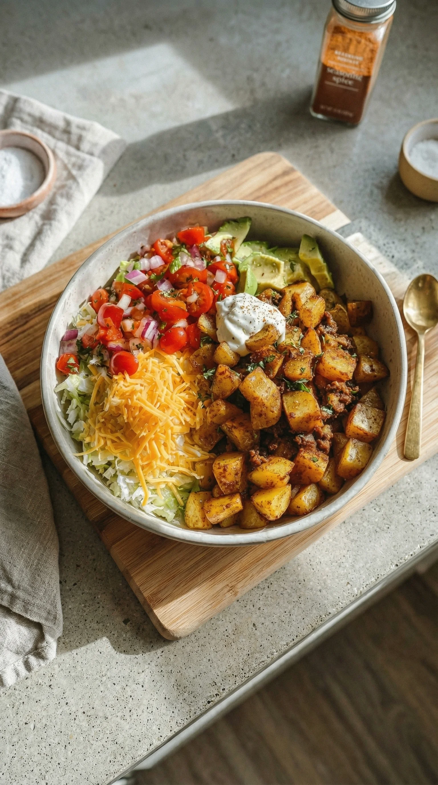 Ein Schnell-Kartoffel-Taco-Bowl-Meal-Prep-Bild, das eine Mischung aus Kartoffeln, Taco-Toppings und Salat enth&auml;lt.