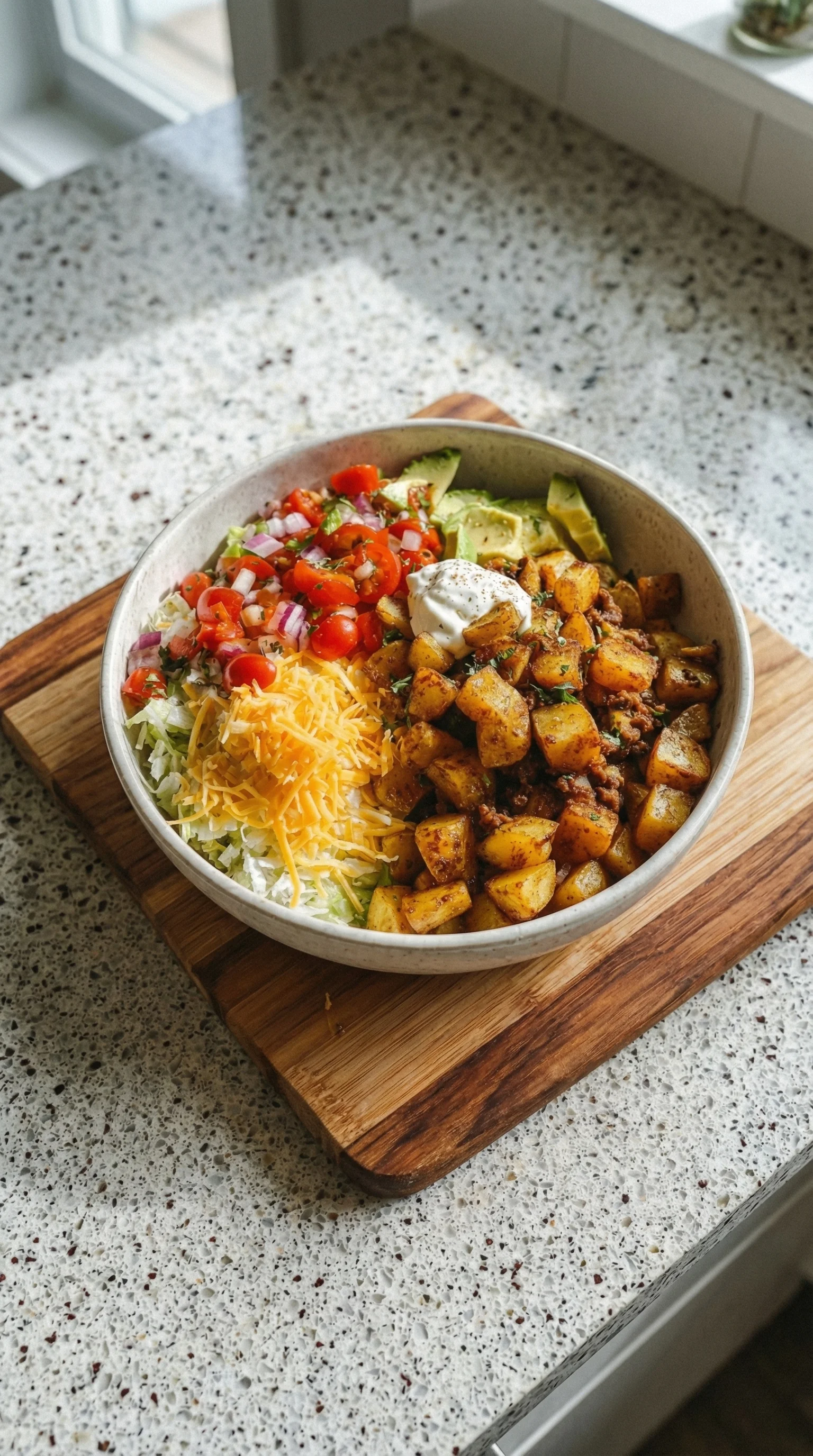 Ein Schnell-Kartoffel-Taco-Bowl-Meal-Prep-Bild, das eine Mischung aus Kartoffeln, Taco-Toppings und Lettuce enthält.
