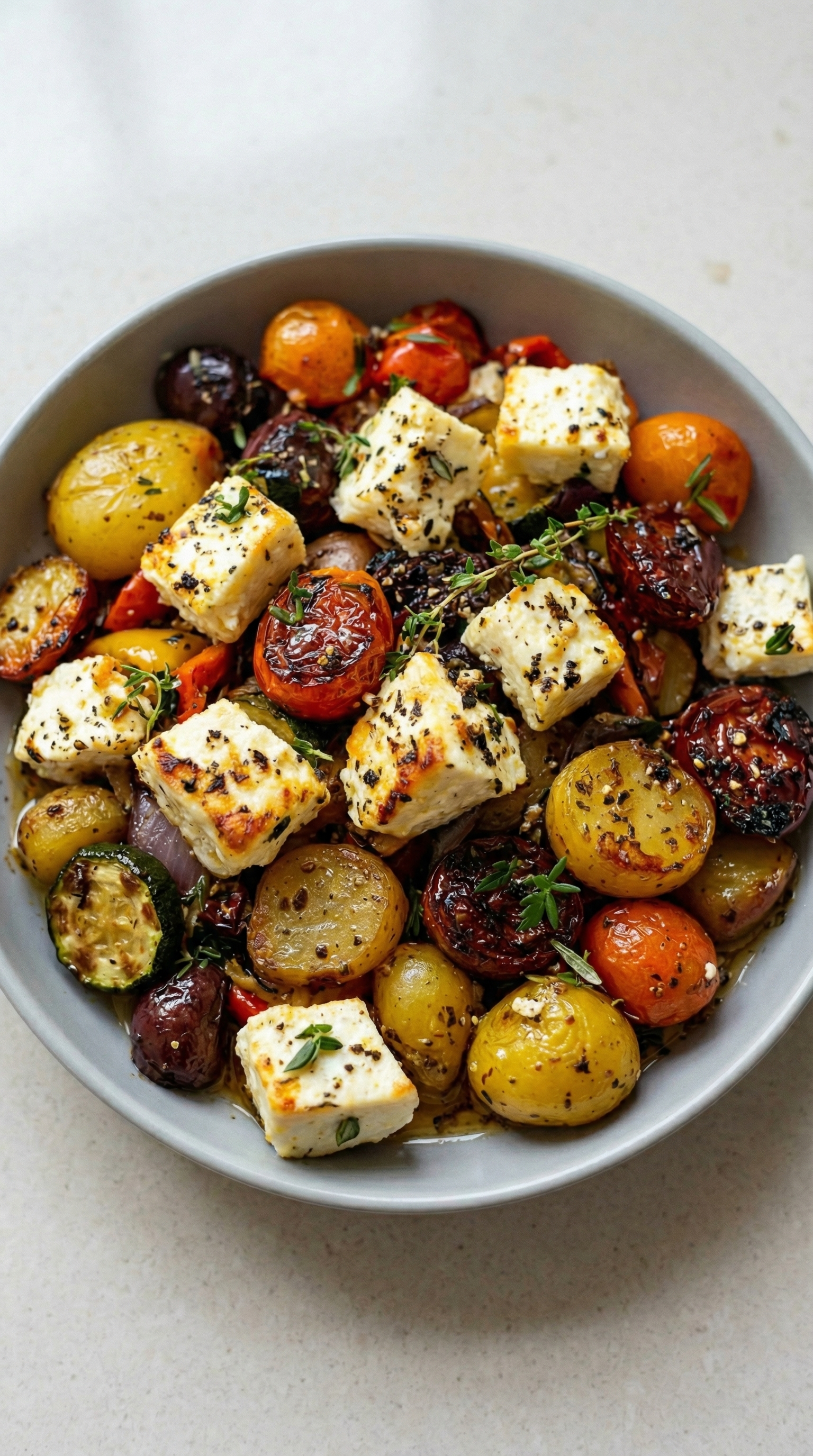 Ein weißer Teller mit einer Mischung aus Kartoffeln, Zwiebeln, Tomaten, Paprika, Kokosmelis und Feta-Käse.