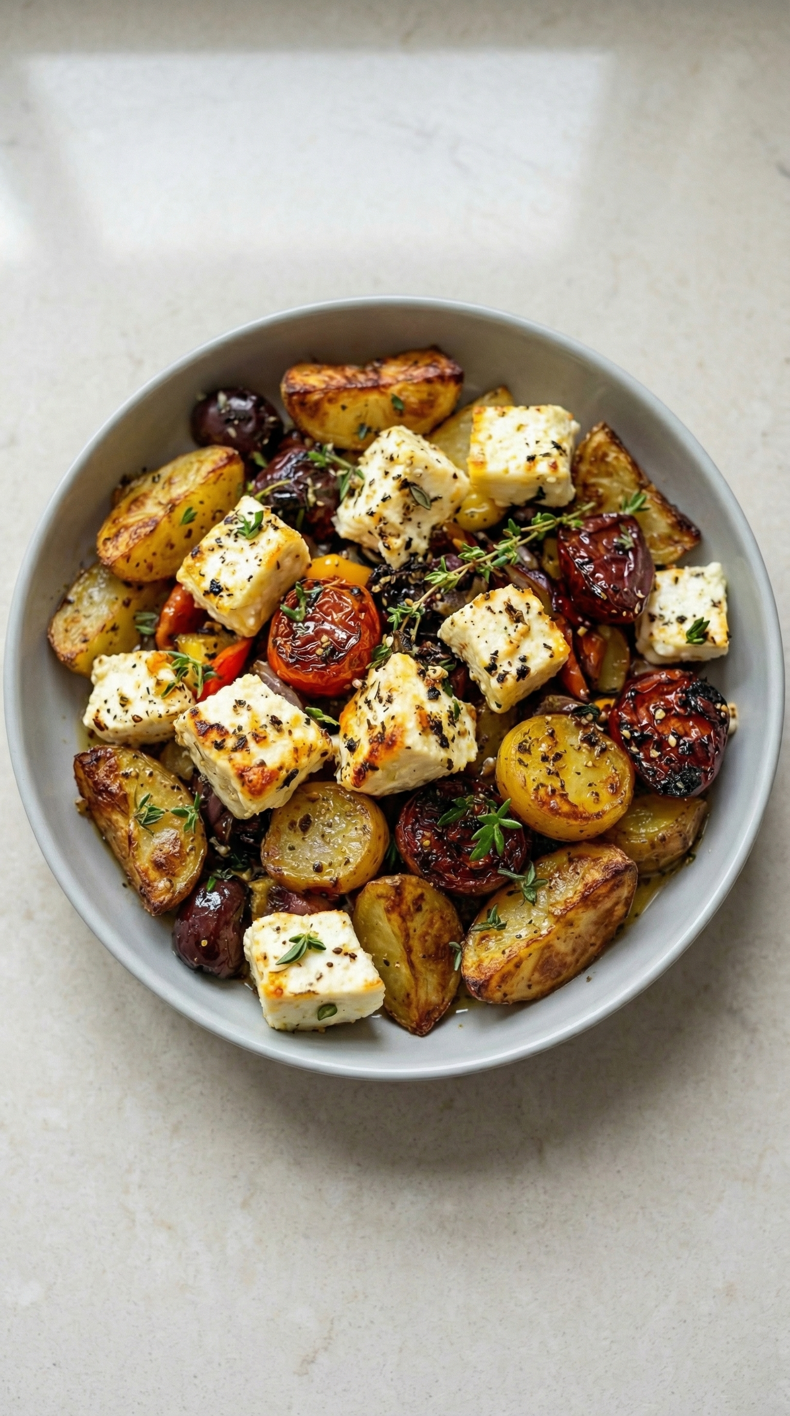 Ein weißer Teller mit einer Mischung aus Kartoffeln, Feta, Tomaten und Gemüse.