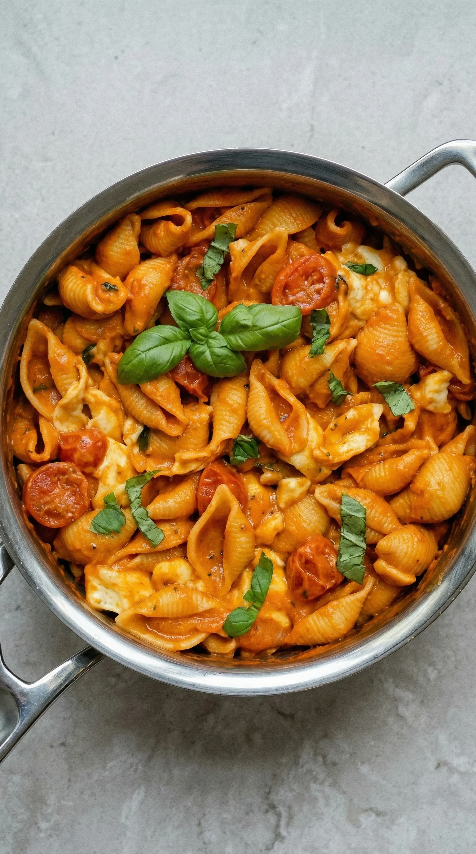 Ein Topf mit Pasta, Tomaten, Mozzarella und Basilikum.