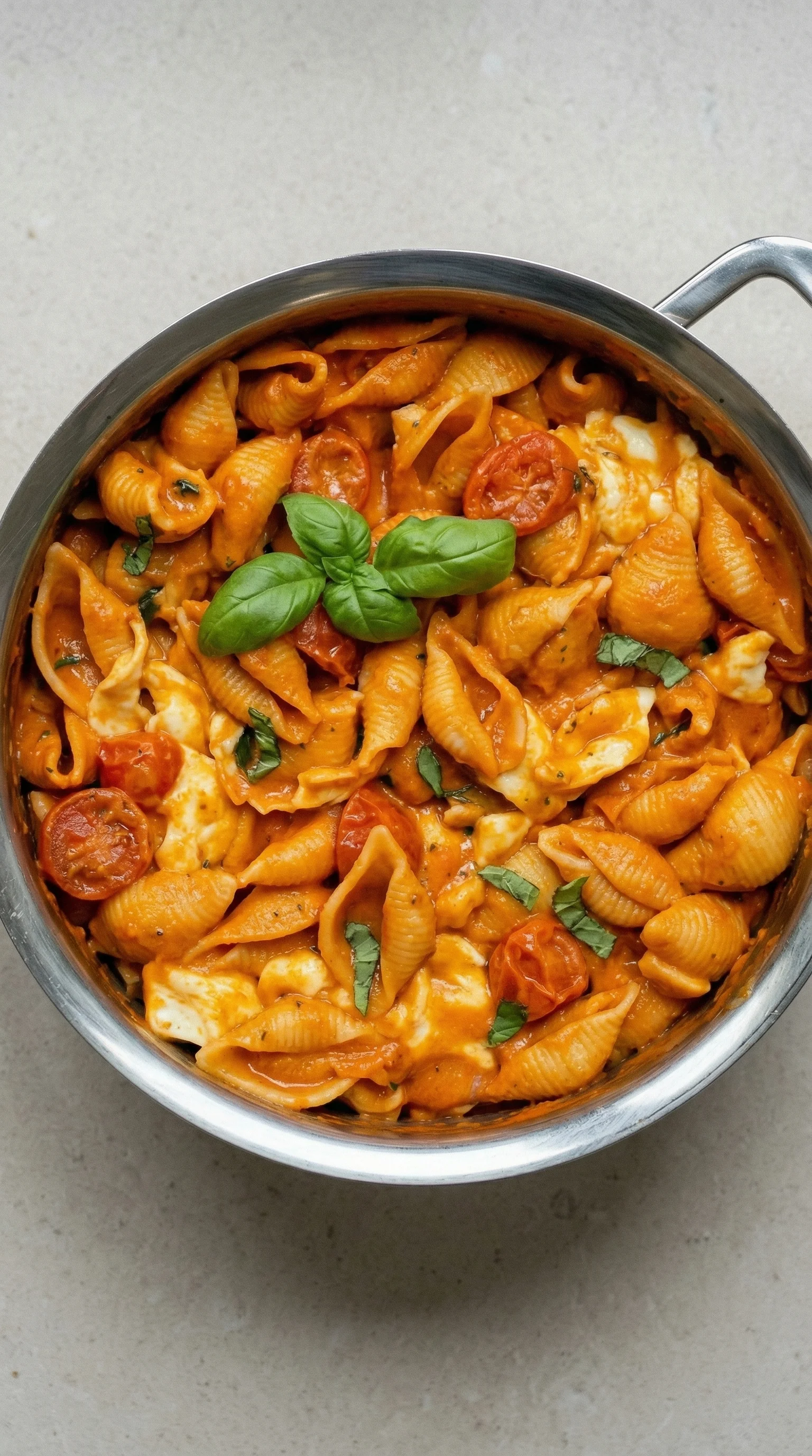 Ein Bohnentopf mit Pasta, Tomaten, Mozzarella und Basilikum.