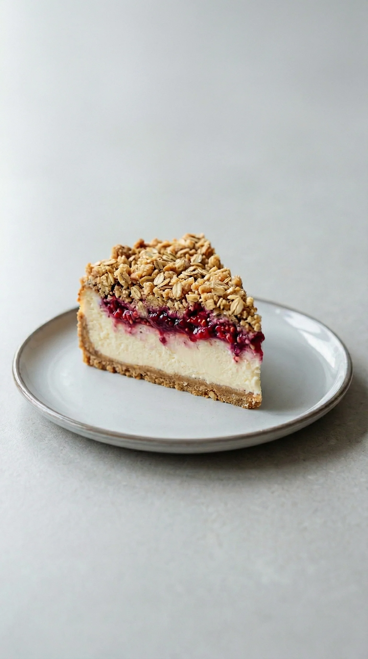 Ein Stück Himbeer Streusel Kuchen mit Joghurt Cheesecake auf einem Teller.