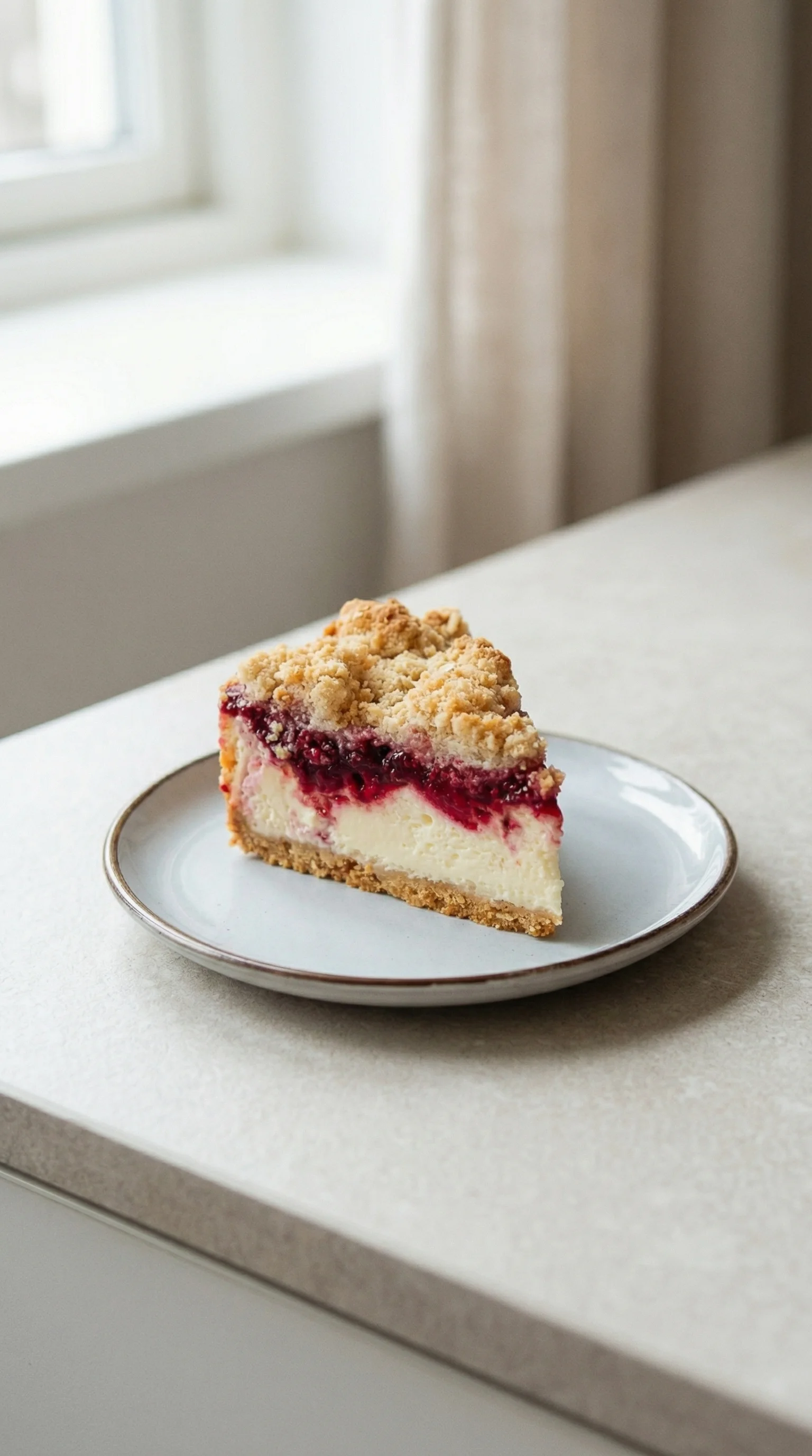 Ein Stück Himbeer Streusel Kuchen mit Joghurt Cheesecake auf einem Plate.