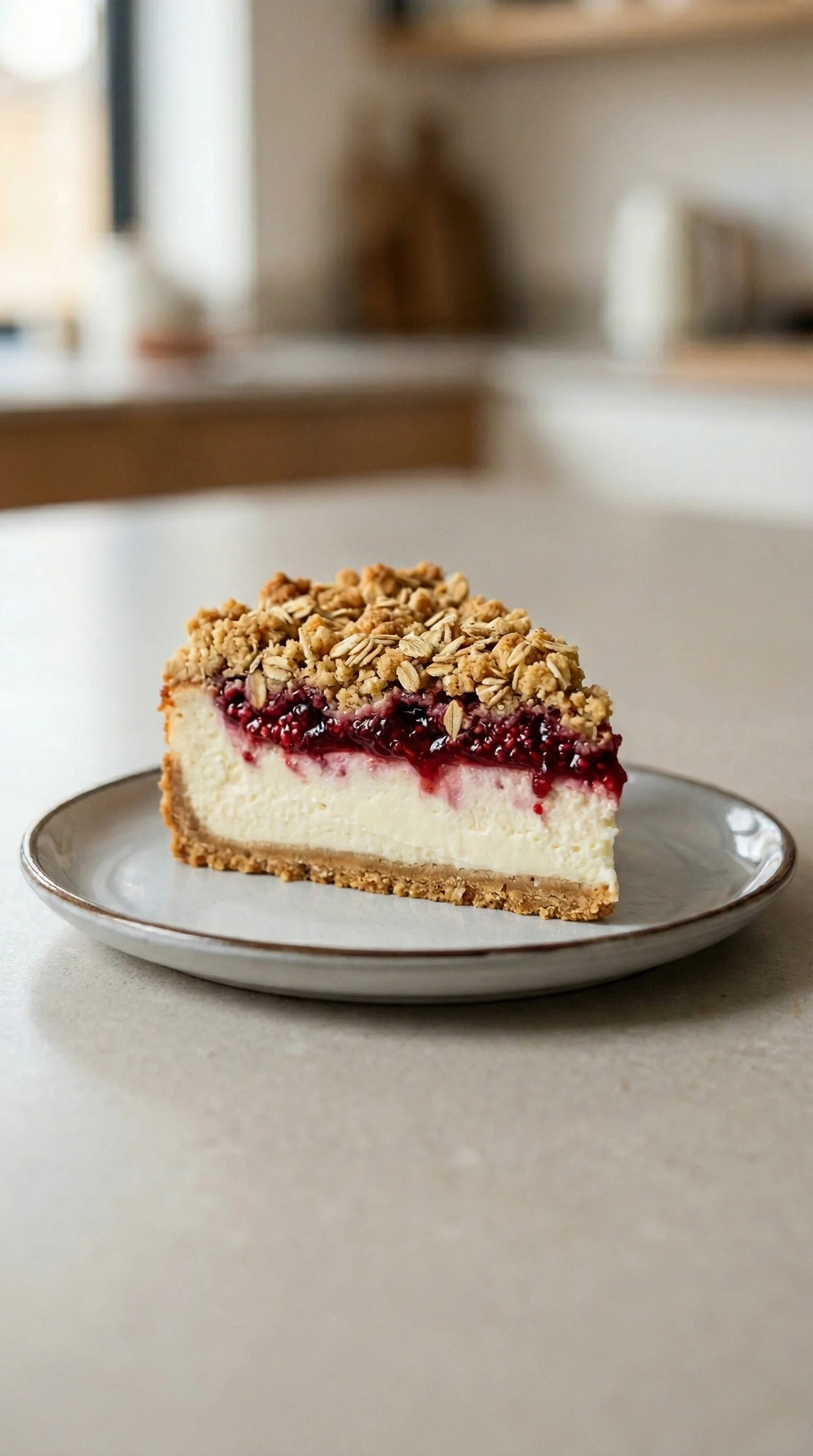 Ein Kuchen mit Himbeeren und Streusel auf einem Teller.