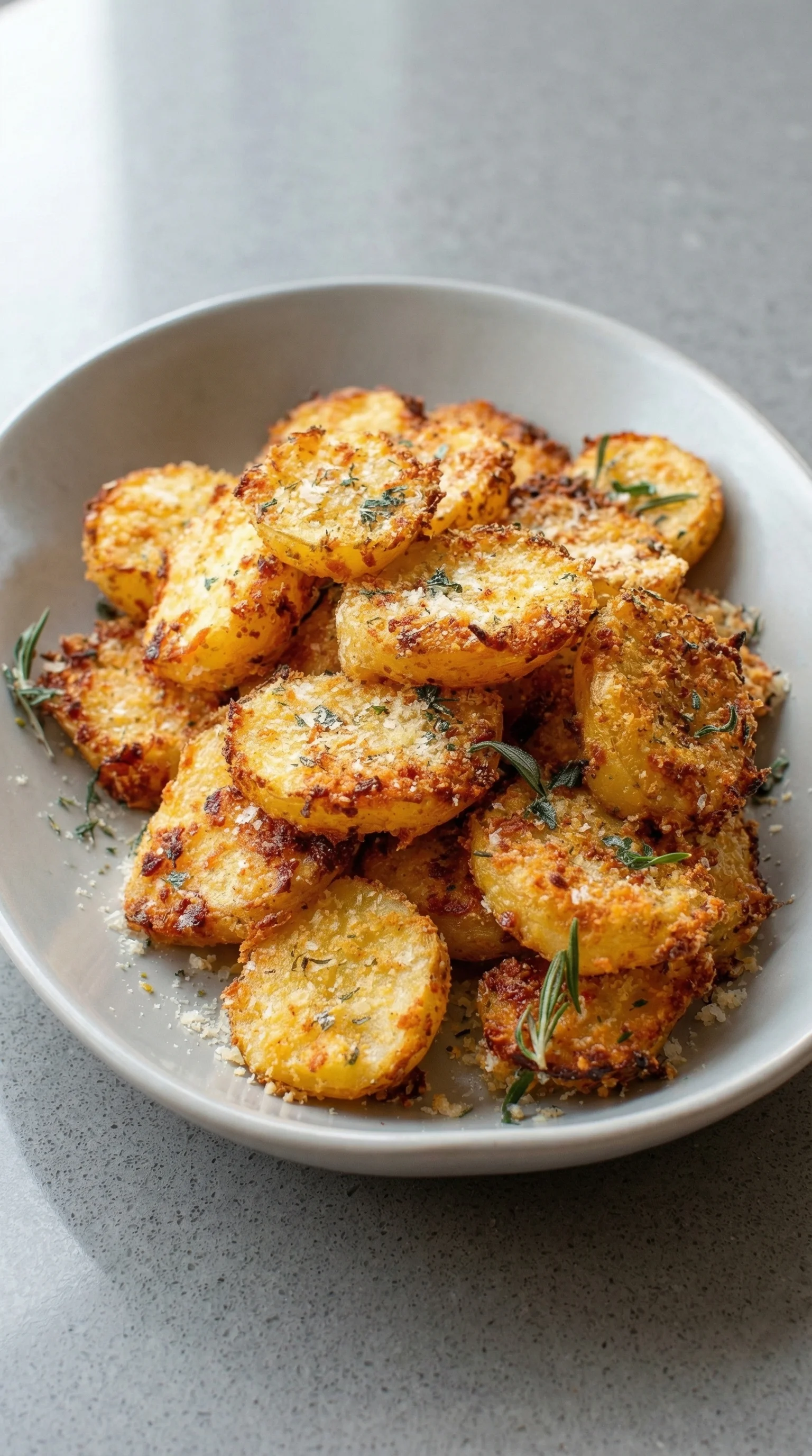Ein weißer Teller mit knusprigen Parmesankartoffeln aus dem Ofen.