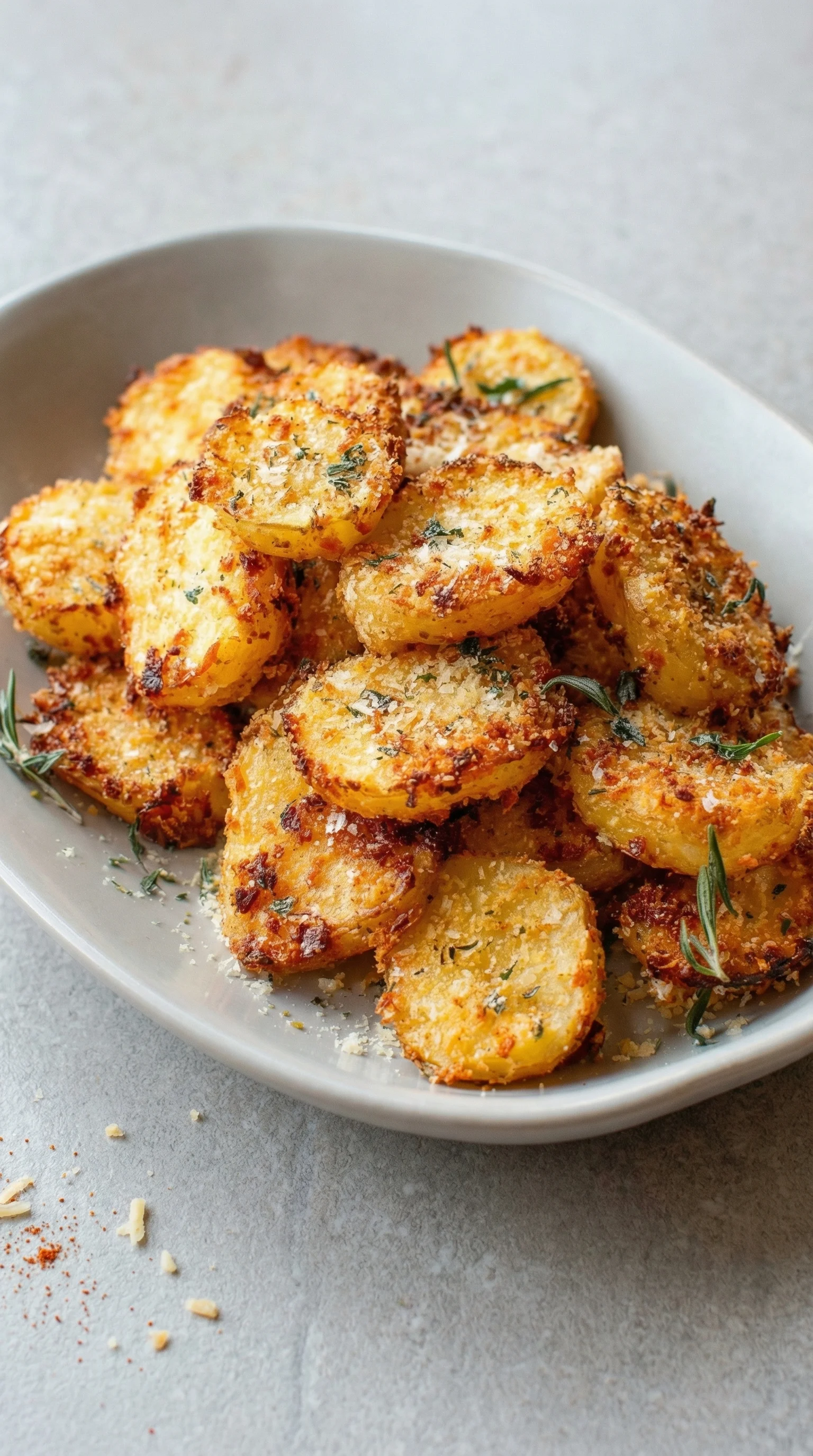 Ein weißer Teller mit knusprigen Parmesankartoffeln aus dem Ofen.