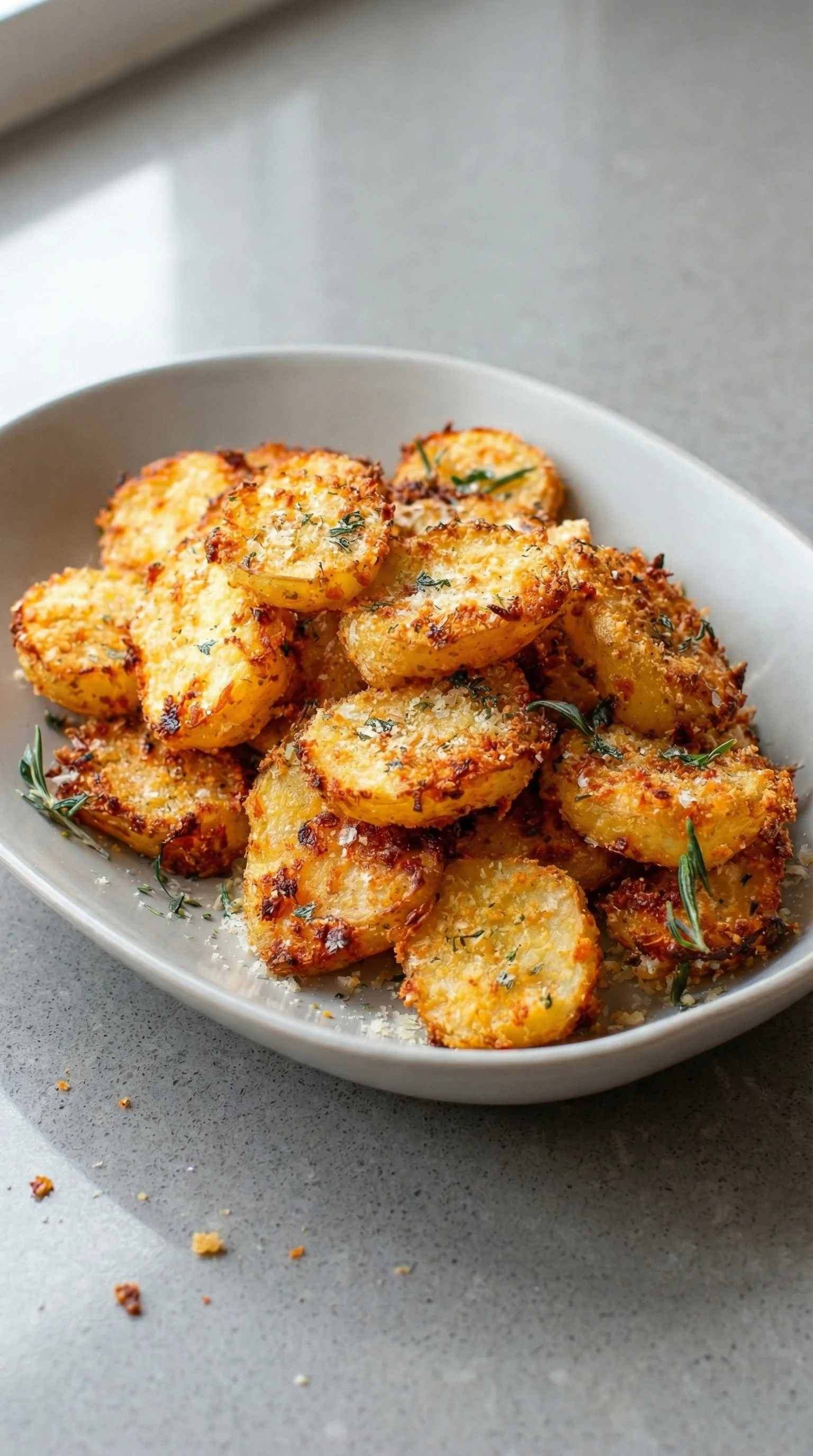 Ein weißer Teller mit knusprigen Parmesankartoffeln aus dem Ofen.