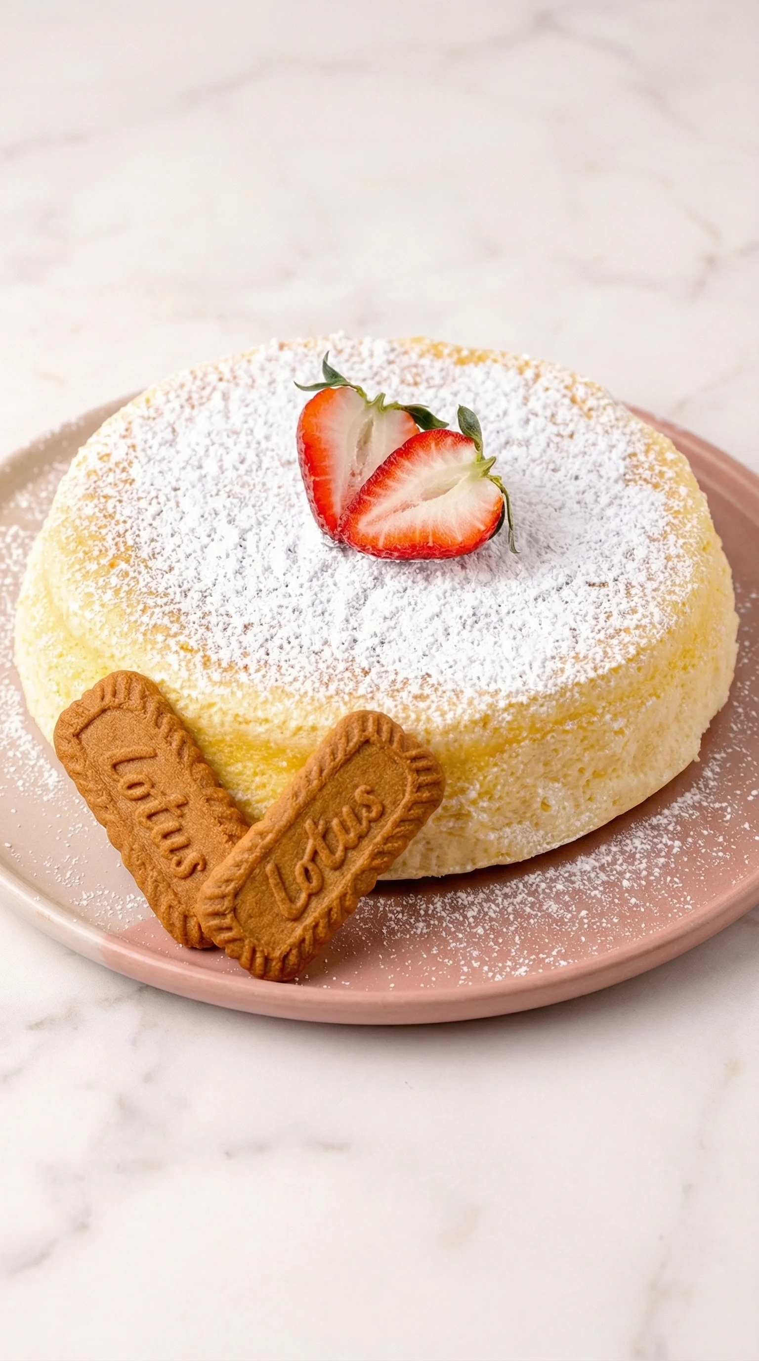 Eine japanische Cheesecake mit Strawberries und einer Schokoladenspitze auf einem Pink-Plate.