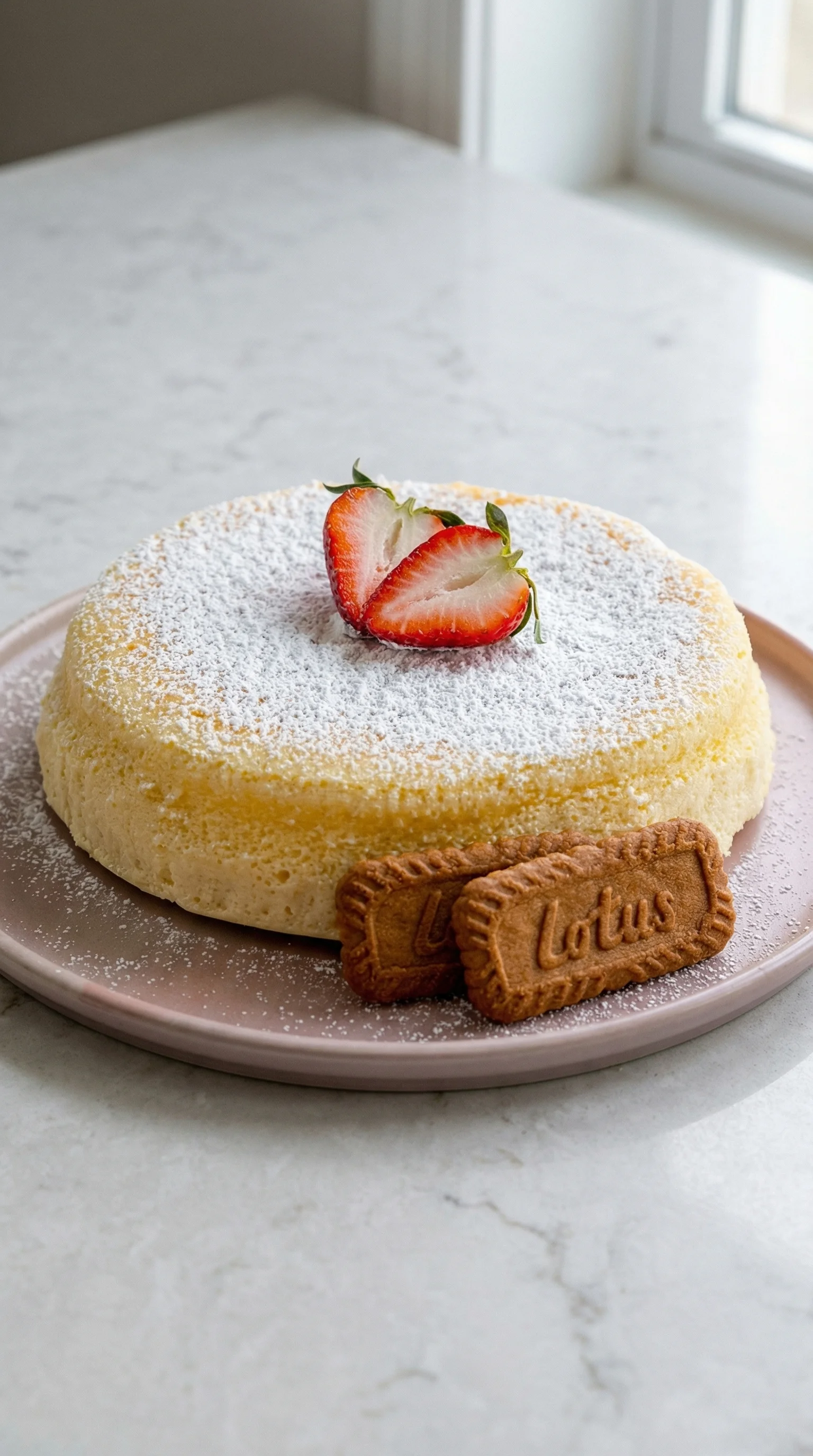 Eine japanische Cheesecake mit Strawberrys auf einem Plate.