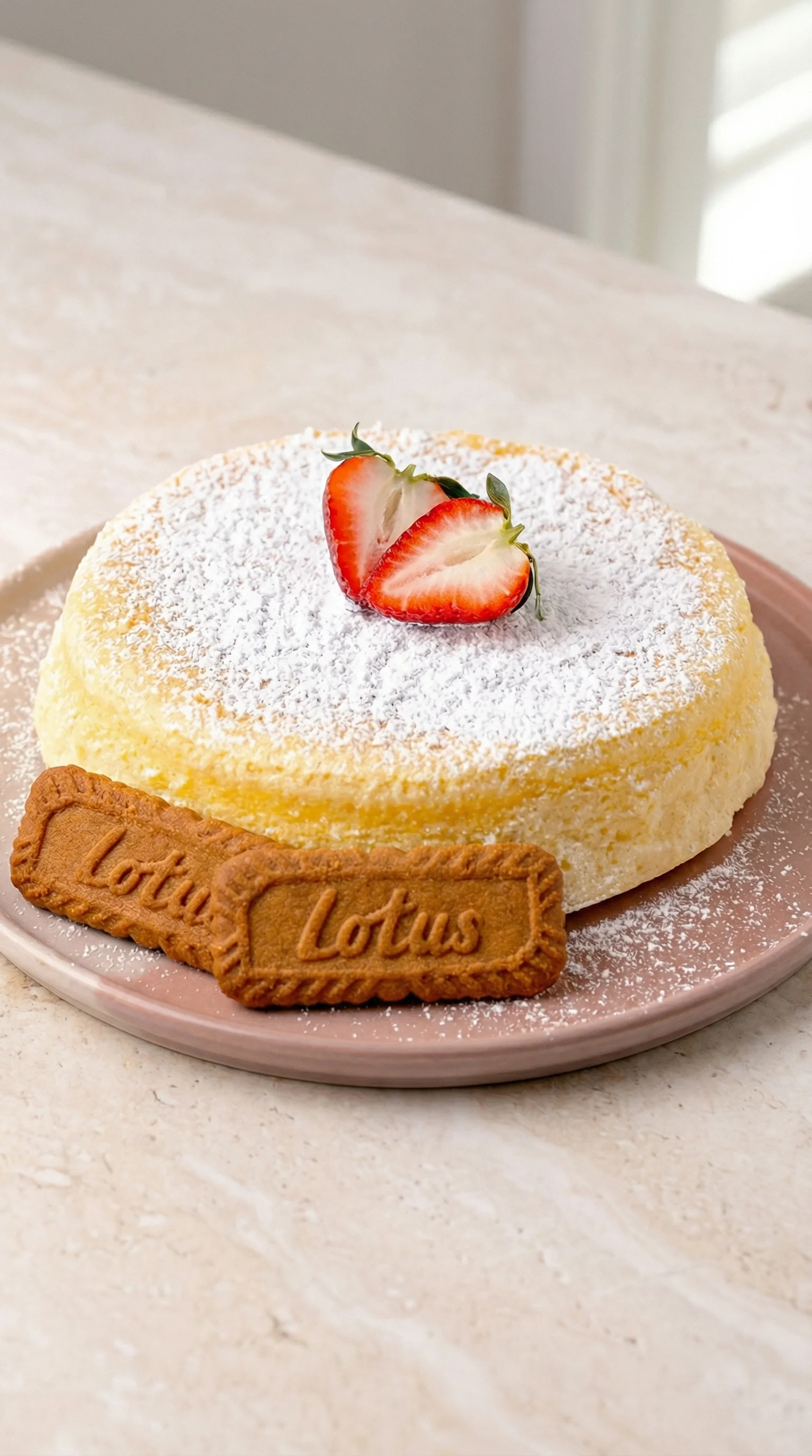 Eine japanische Cheesecake mit Strawberries und Zitrusfrüchten auf einem Plate.