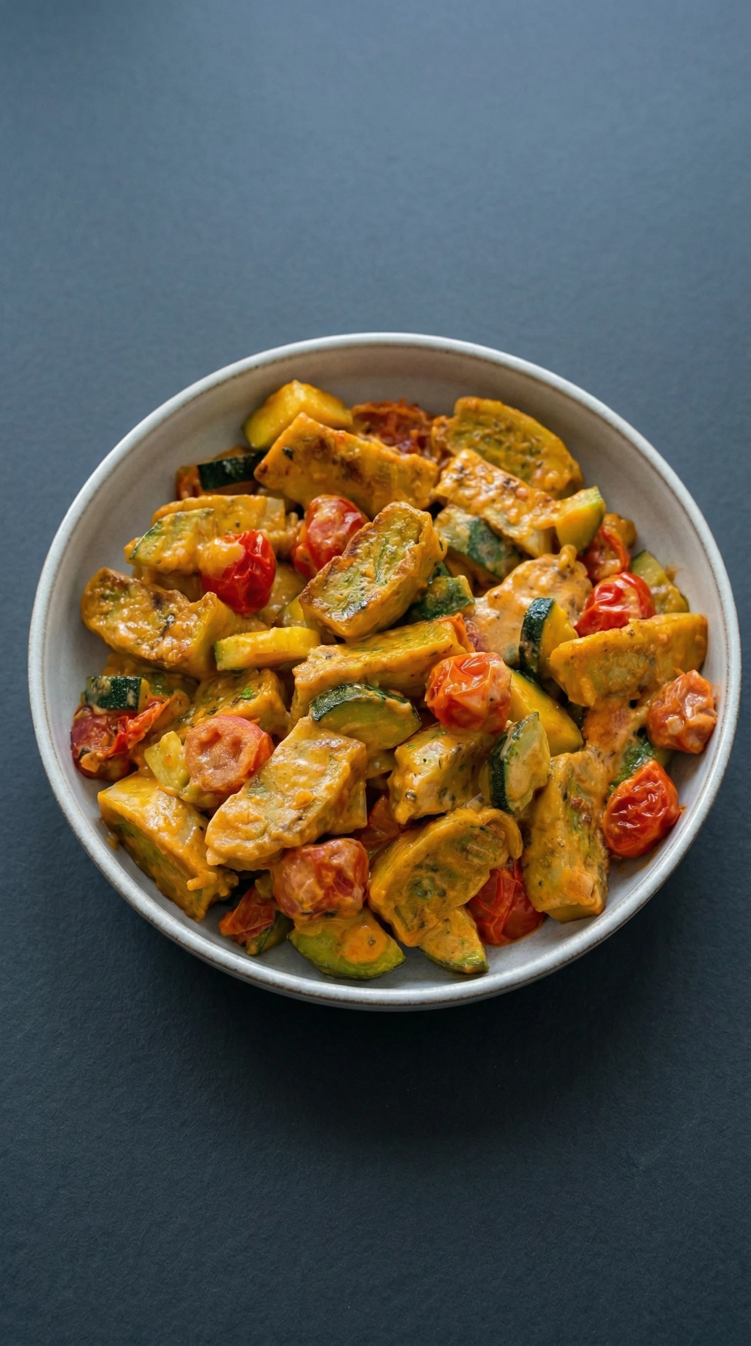 Eine Cremige Maultaschenpfanne mit Zucchini und Tomaten.