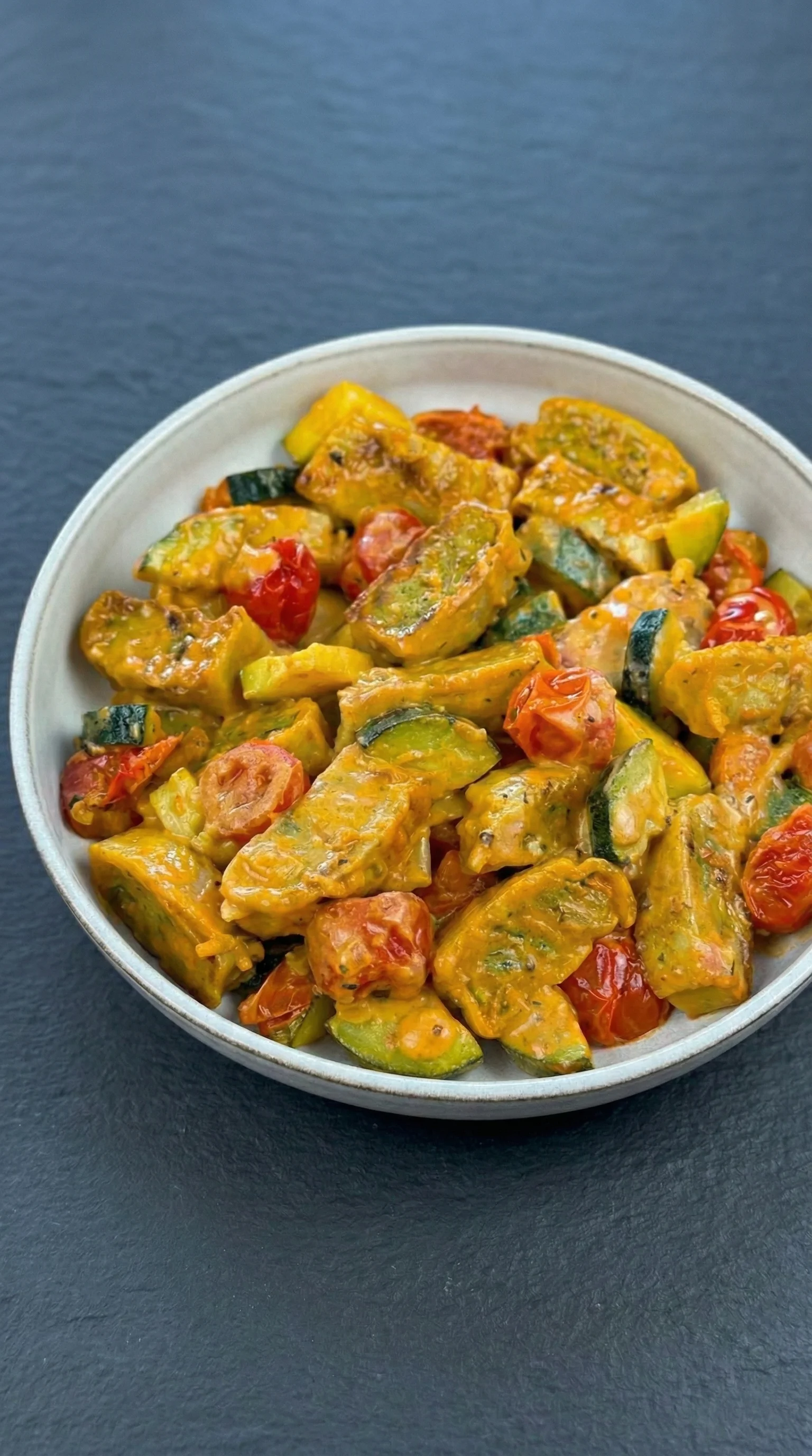 Eine Cremige Maultaschenpfanne mit Zucchini und Tomaten.