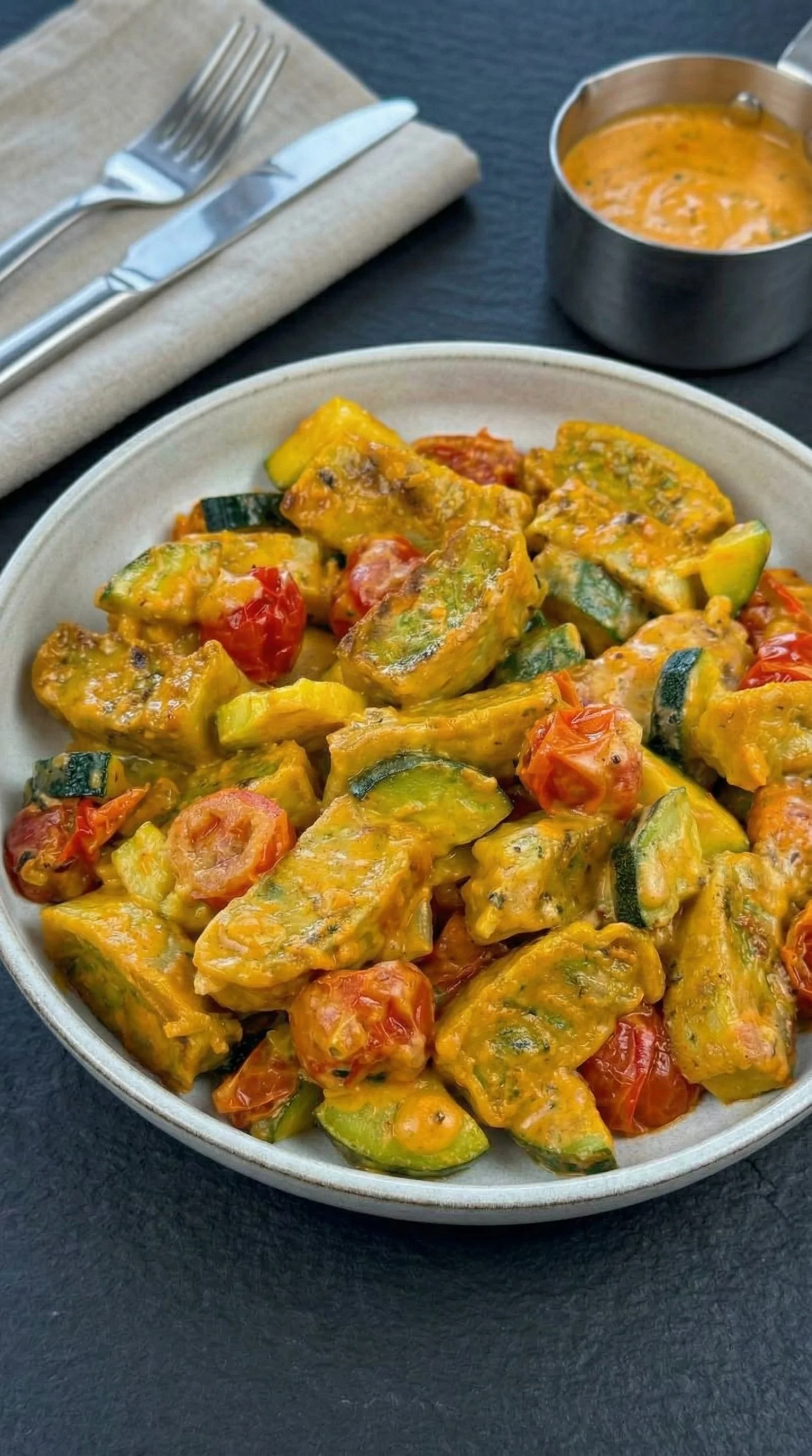 Eine Cremige Maultaschenpfanne mit Zucchini und Tomaten.