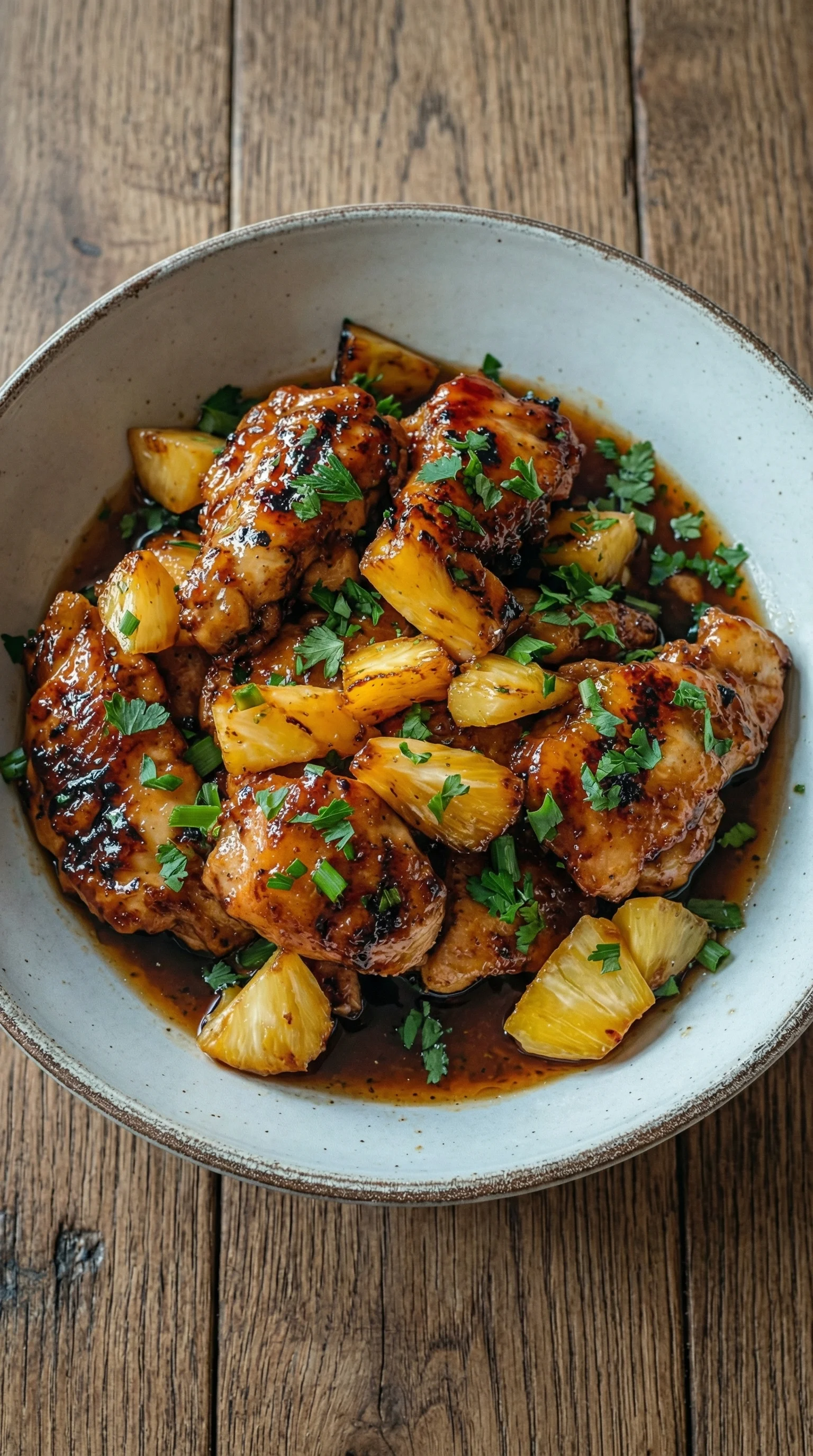 Ein Schüssel mit Hähnchen und Ananas.