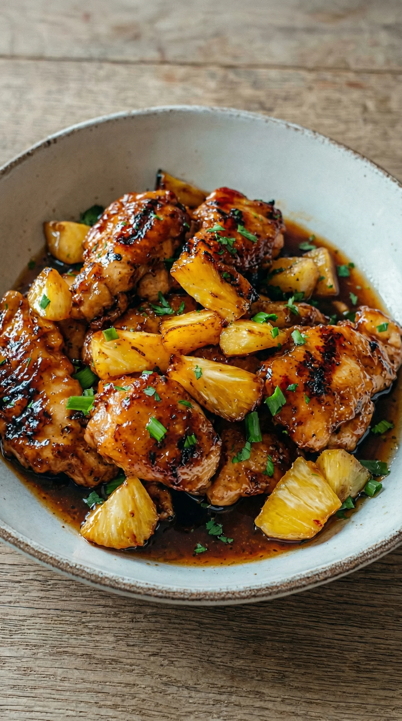 Ein Bild von Hähnchen, die in einer Sauce mit Ananas und grünen Zutaten garniert sind.