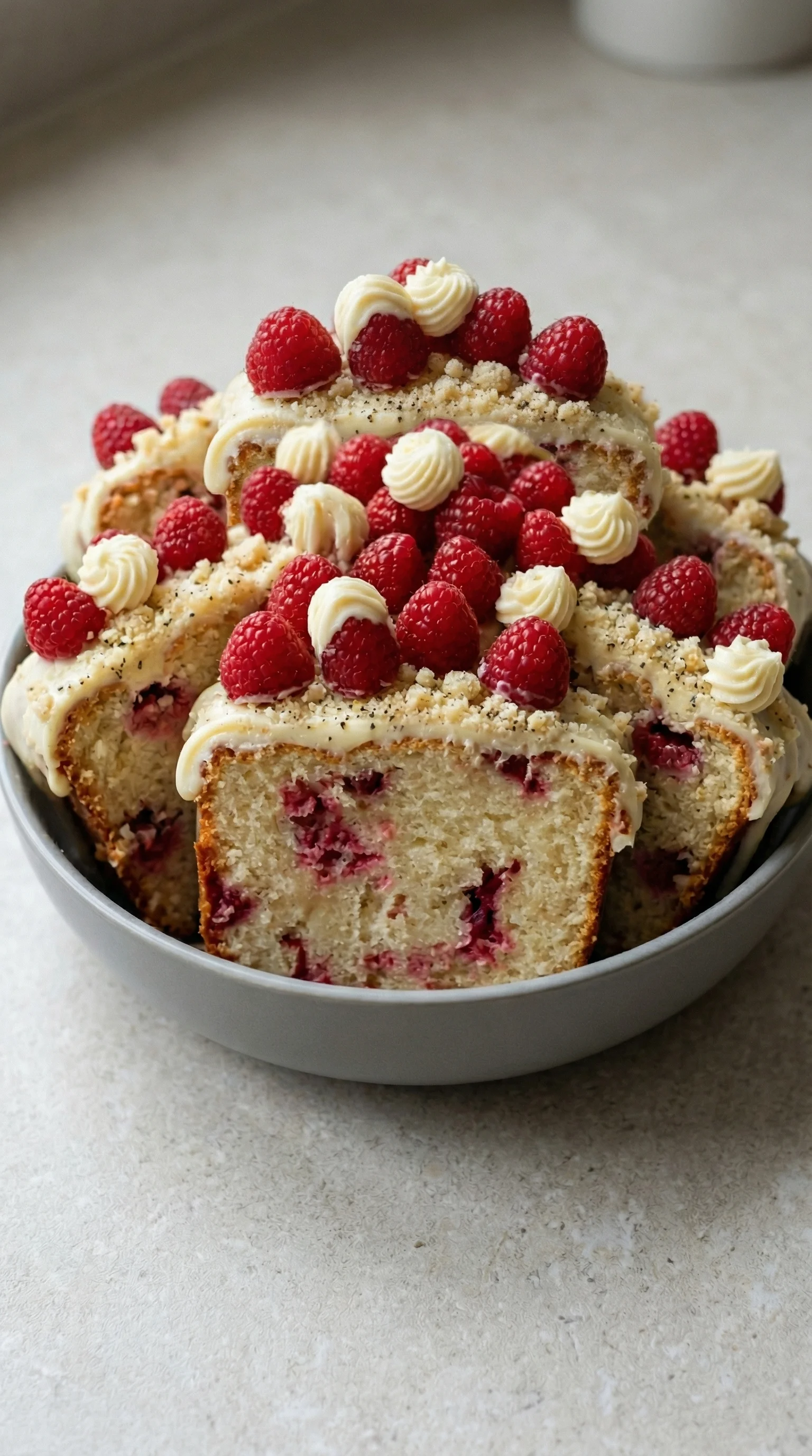Ein Weißer Schokoladen Himbeer Kuchen mit Raspberry-Topping auf einem Teller.
