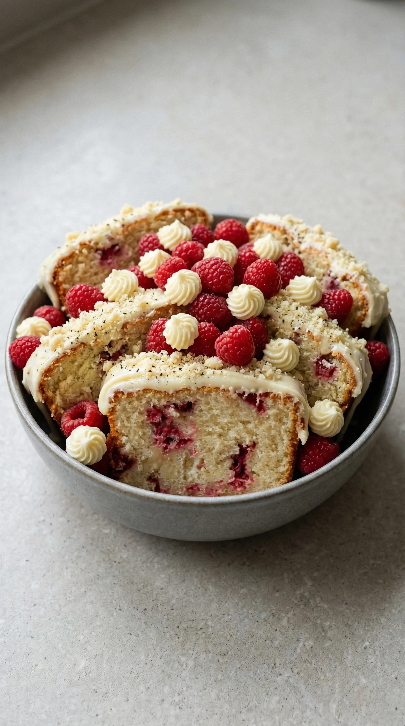 Ein Weißer Schokoladen Himbeer Kuchen in einem Behälter.