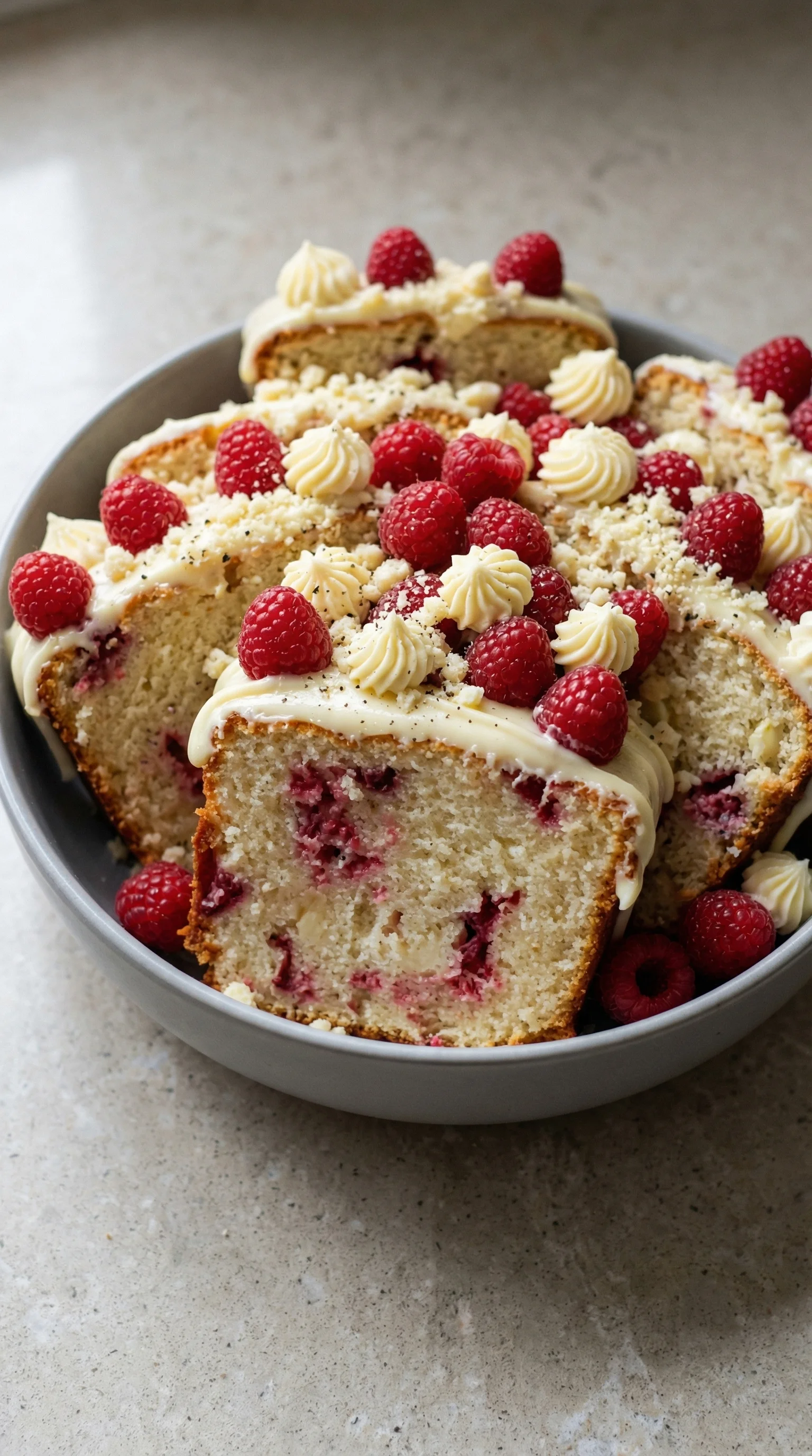 Ein Weißer Schokoladen Himbeer Kuchen mit Raspberry-Füllung und Raspberry-Konfekt auf der Oberseite.