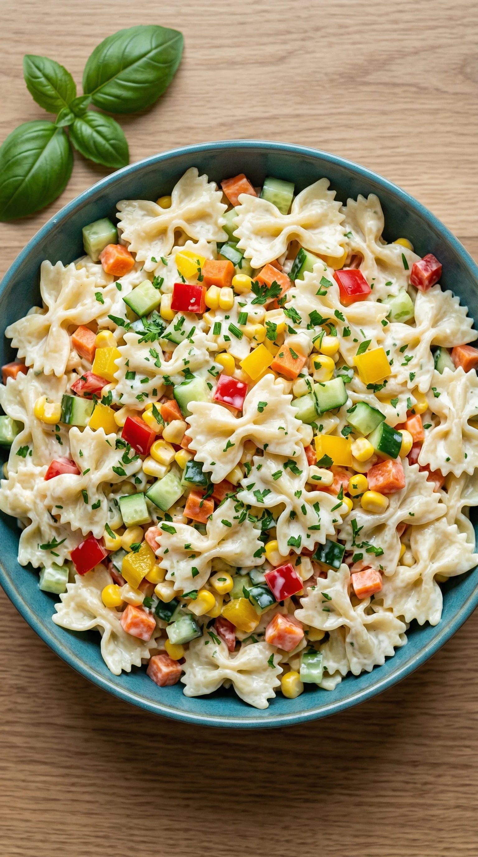 Ein Kinder Nudelsalat mit Frischkäse auf einem blauen Teller.