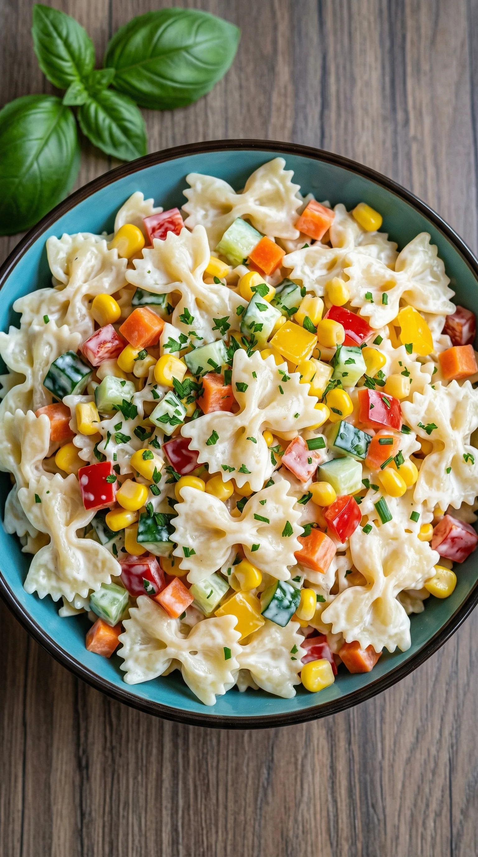 Ein Kinder Nudelsalat mit Frischkäse, der mit einer Vielzahl von Gemüse und Zutaten zubereitet wurde.