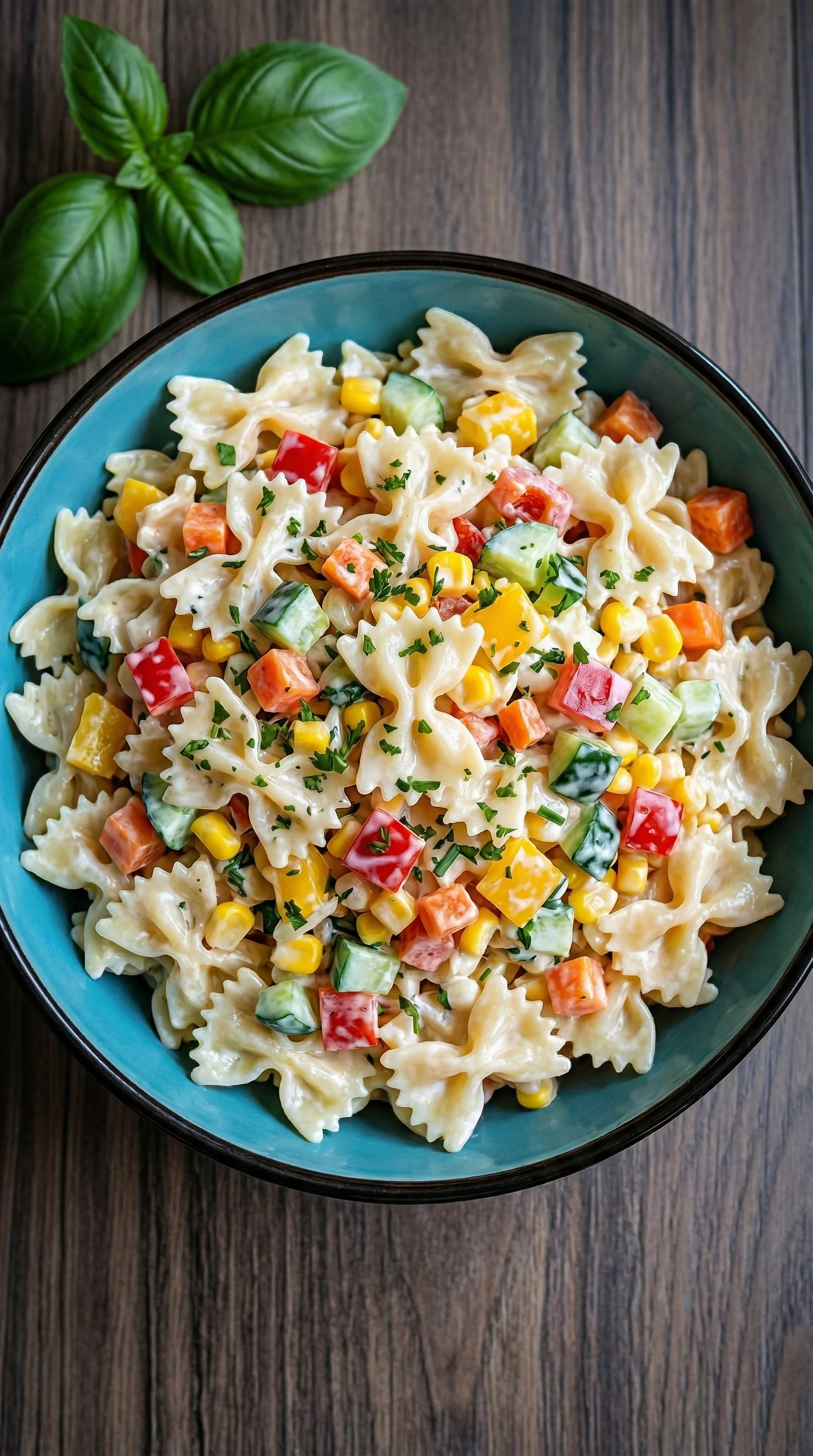Ein Kinder Nudelsalat mit Frischkäse, der mit verschiedenen Gemüsearten wie Karotten, Zucchini, Paprika und Kohlrabi zubereitet wurde.
