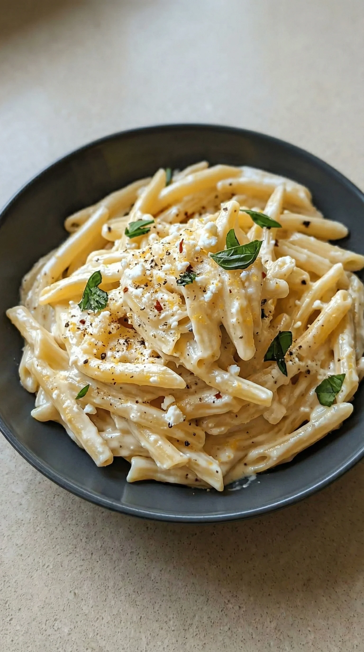 Ein Schälchen mit cremiger Zitronen-Feta-Pasta, die mit grünen Blättern garniert ist.