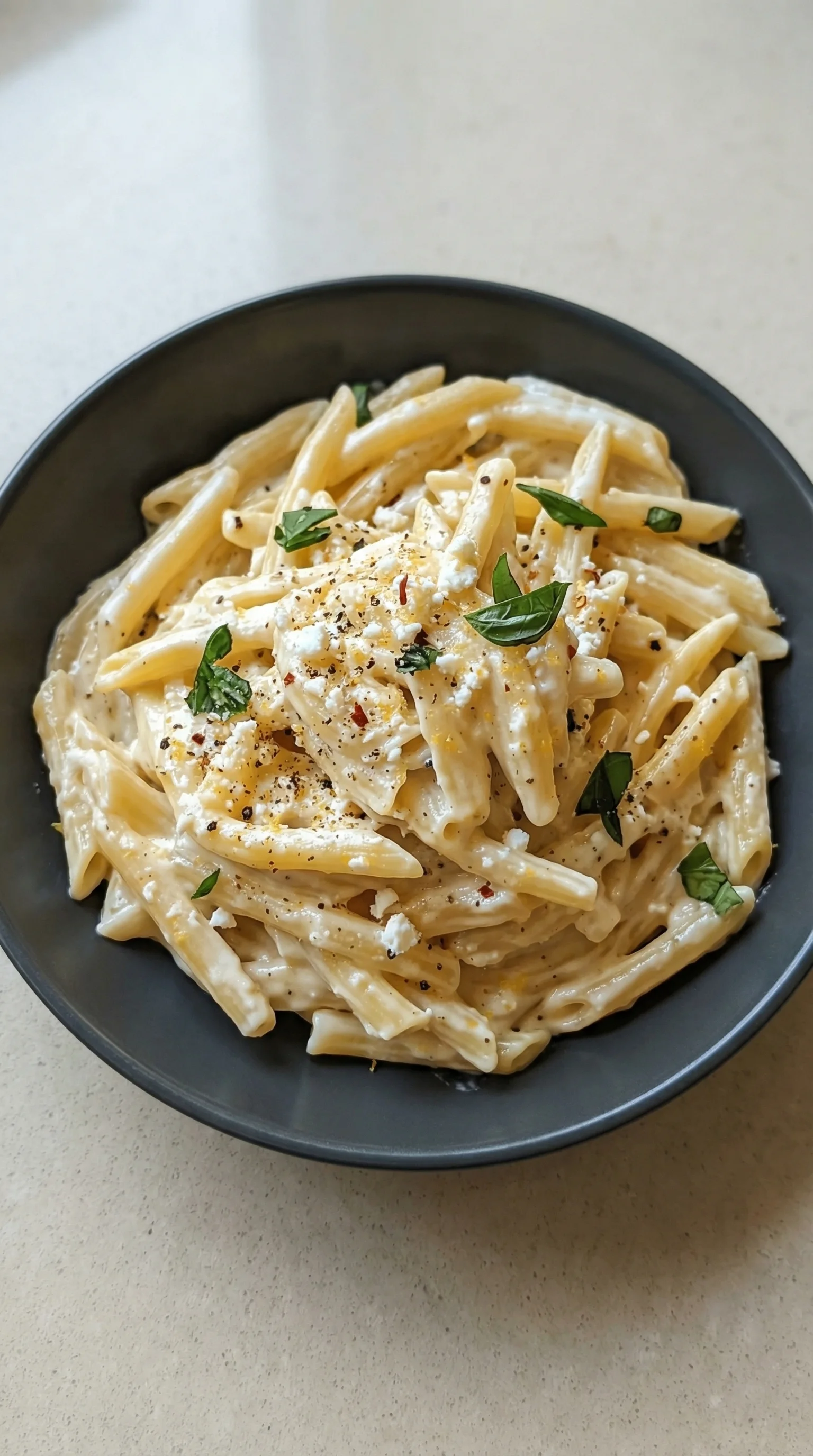 Ein schwarzes, glänzendes Bowl mit einer cremigen Zitronen-Feta-Pasta-Mischung.