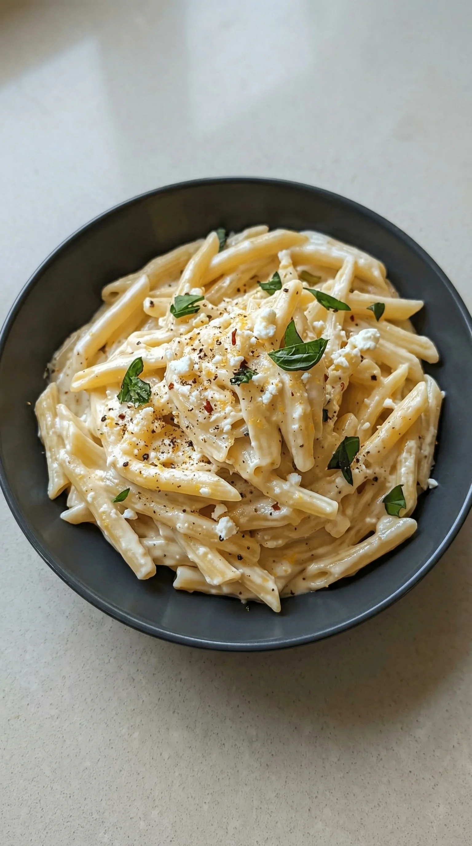 Ein schwarzes, glänzendes Bowl mit einer cremigen Zitronen-Feta-Pasta-Mischung.