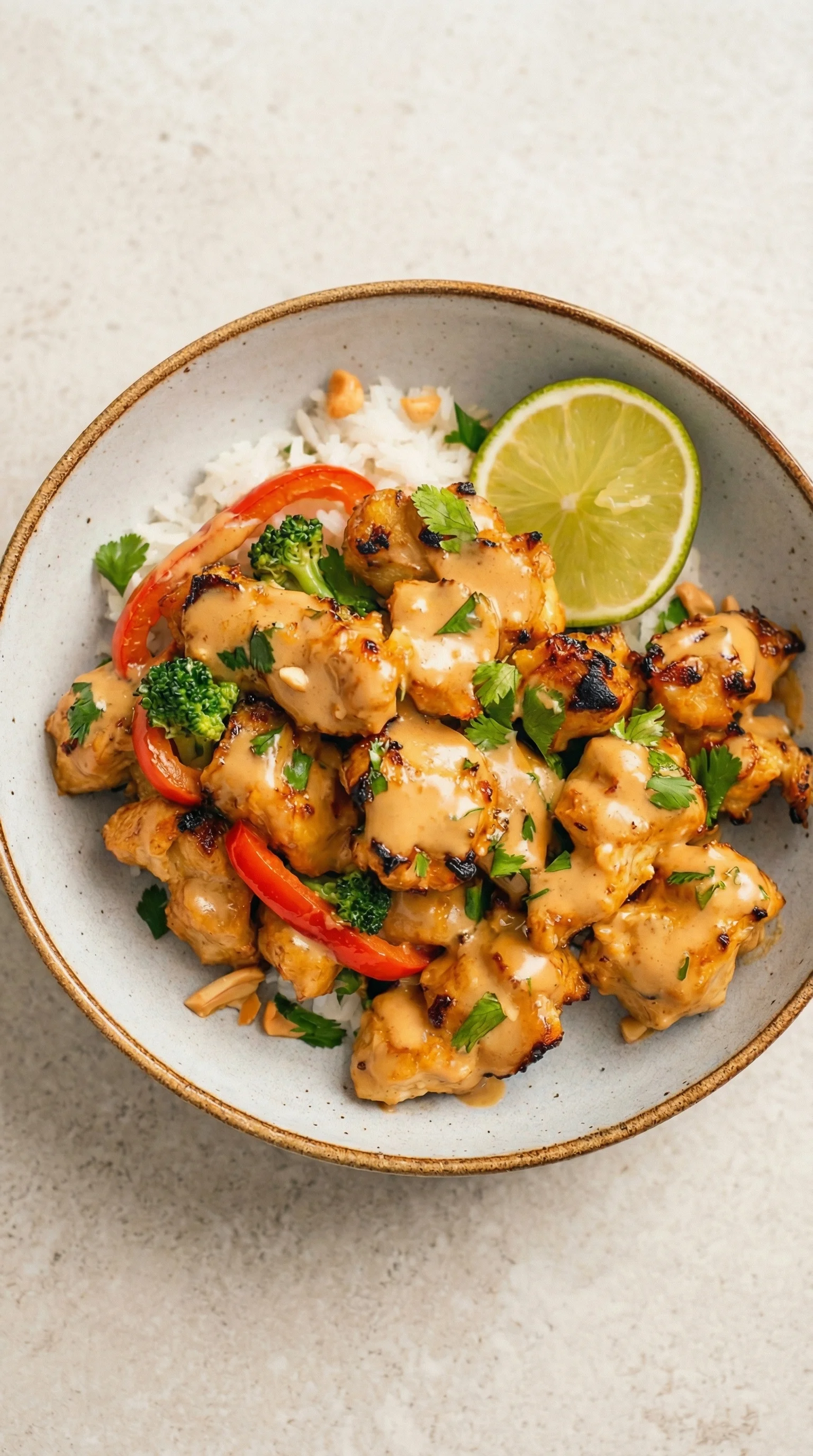 Ein Schüssel mit Thailändisches Erdnuss-Hühnchen, das mit Rice, Tomaten, Broccoli und Zitrusfrüchten garniert ist.