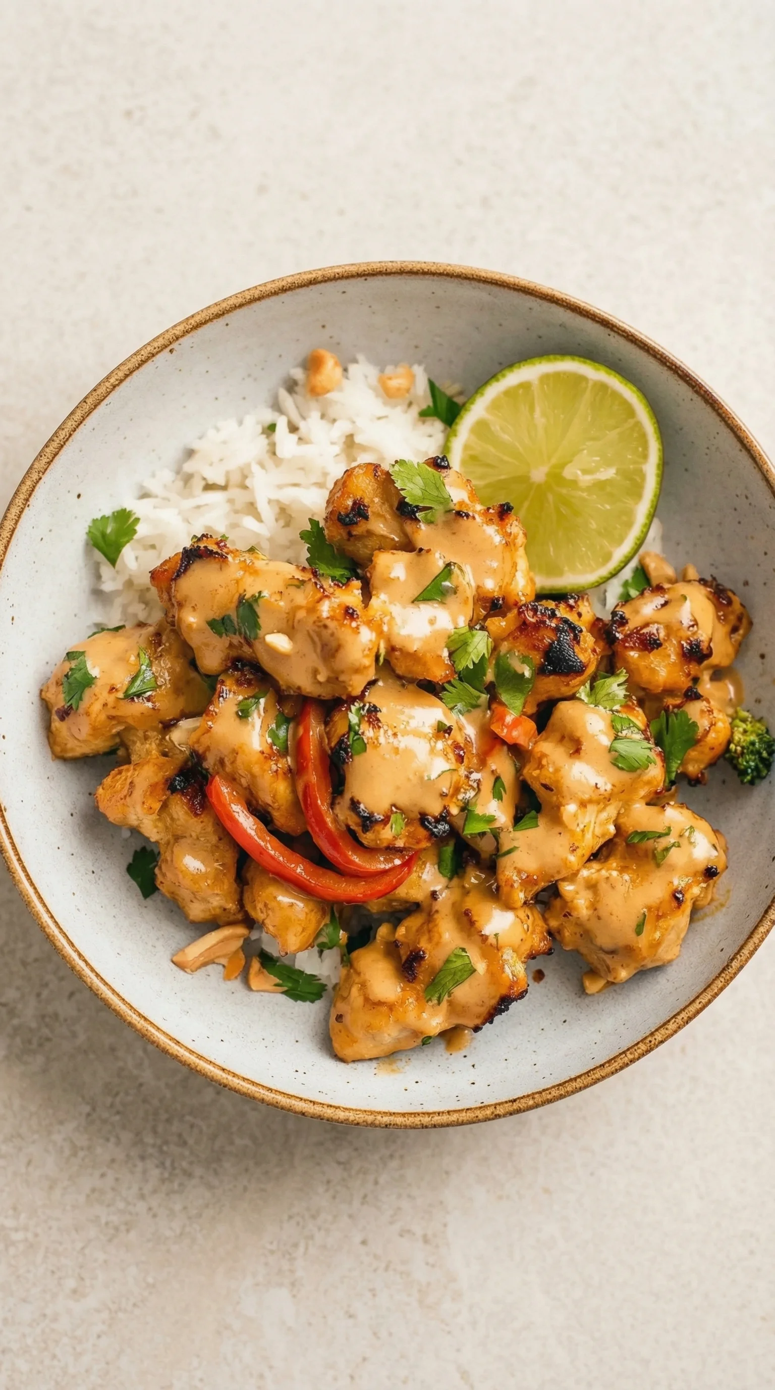 Ein Schüssel mit Thailändisches Erdnuss-Hühnchen, Rice und Zwiebeln.