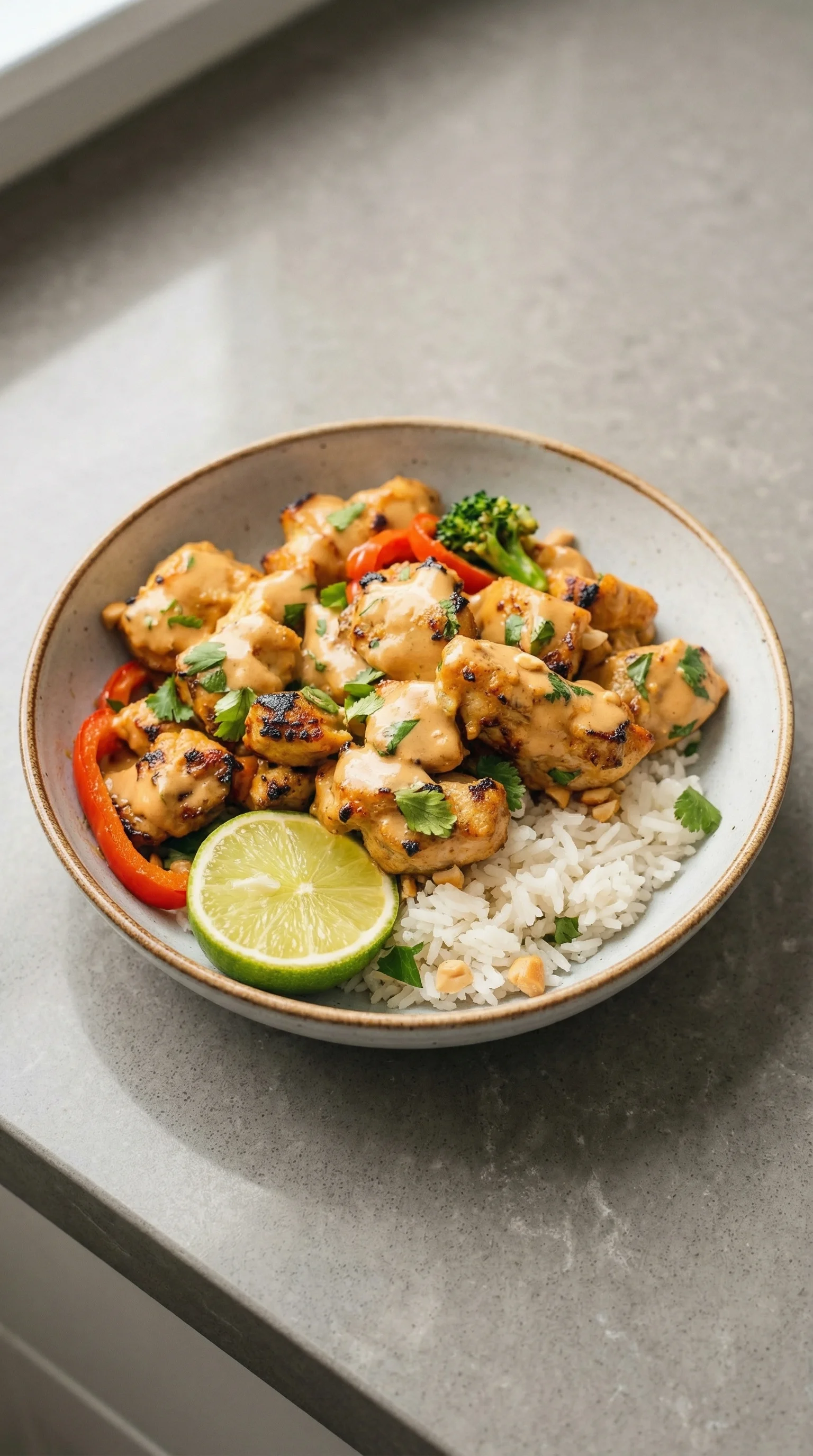Ein Thailändisches Erdnuss-Hühnchen in einem Schüssel mit Reis und Gemüse.