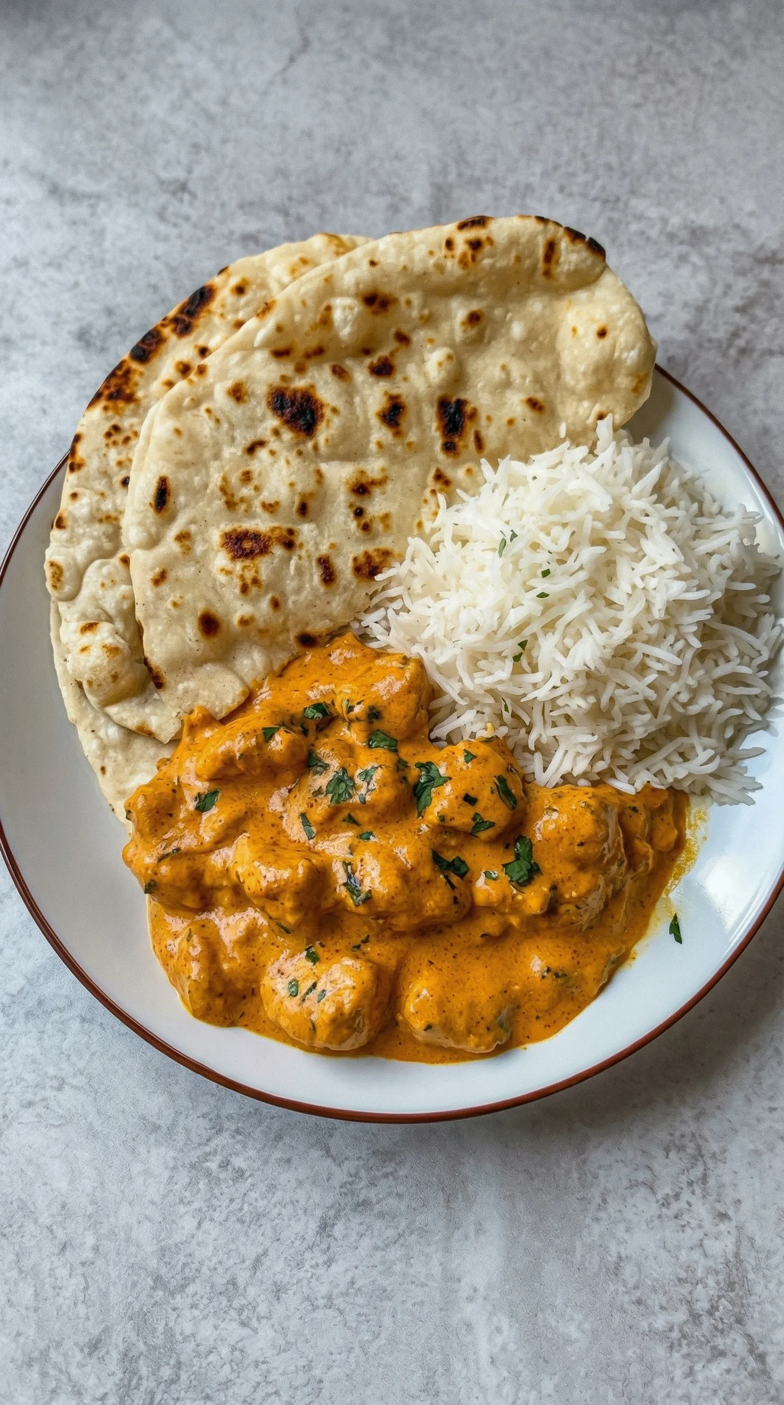 Ein Plate mit Butter Chicken Rezept, Rice und Tortillas.