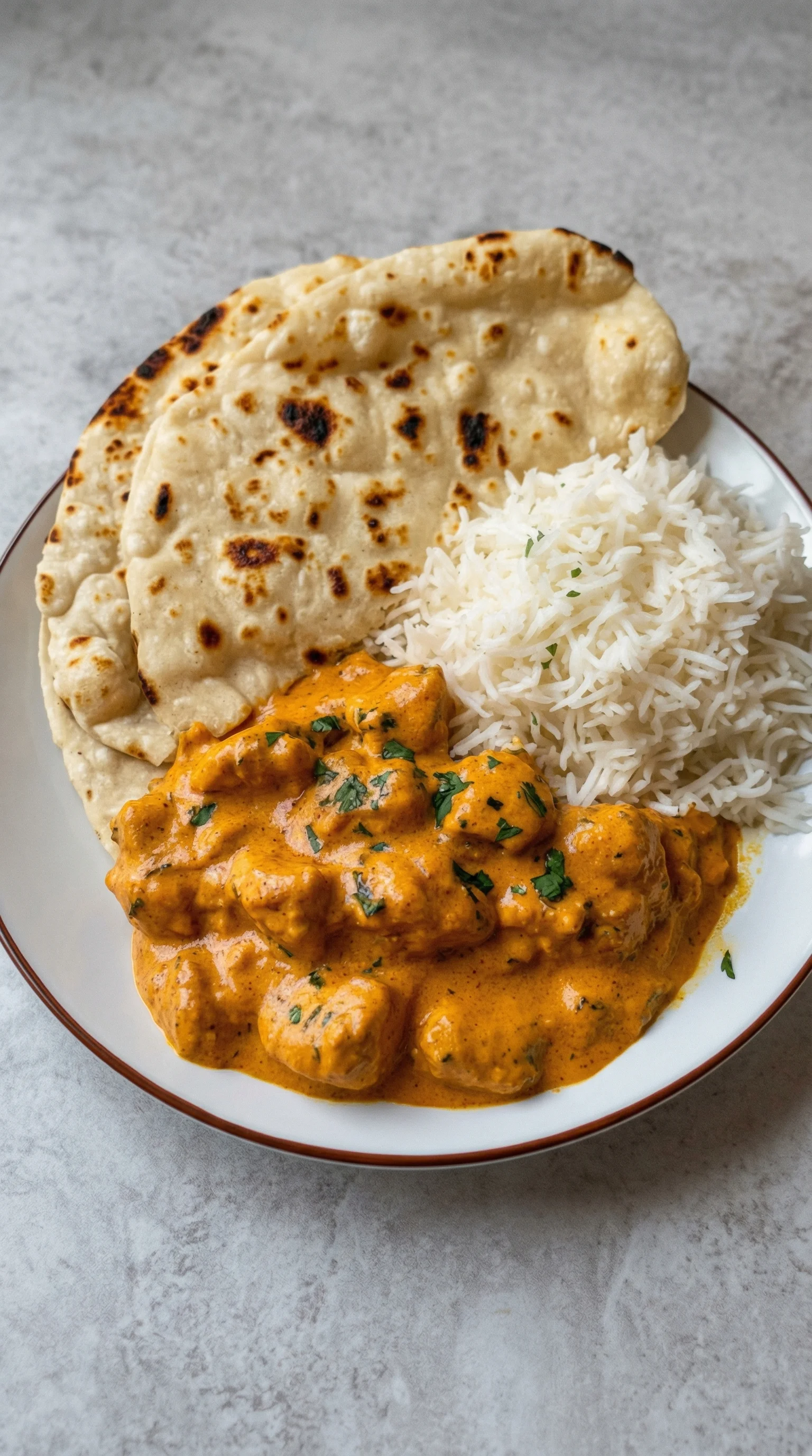 Ein Plate mit Butter Chicken Rezept, Rice und Tortillas.