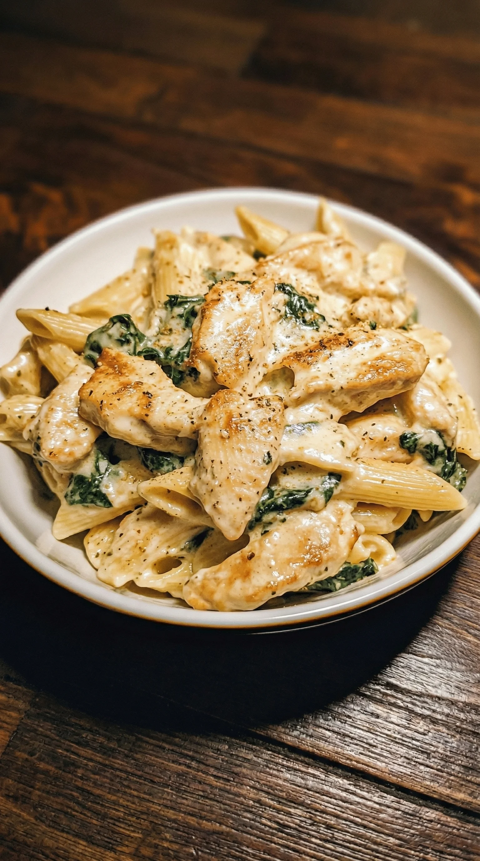 Ein weißer Teller mit Pasta, Spinat, Hähnchen und Frischkäse.