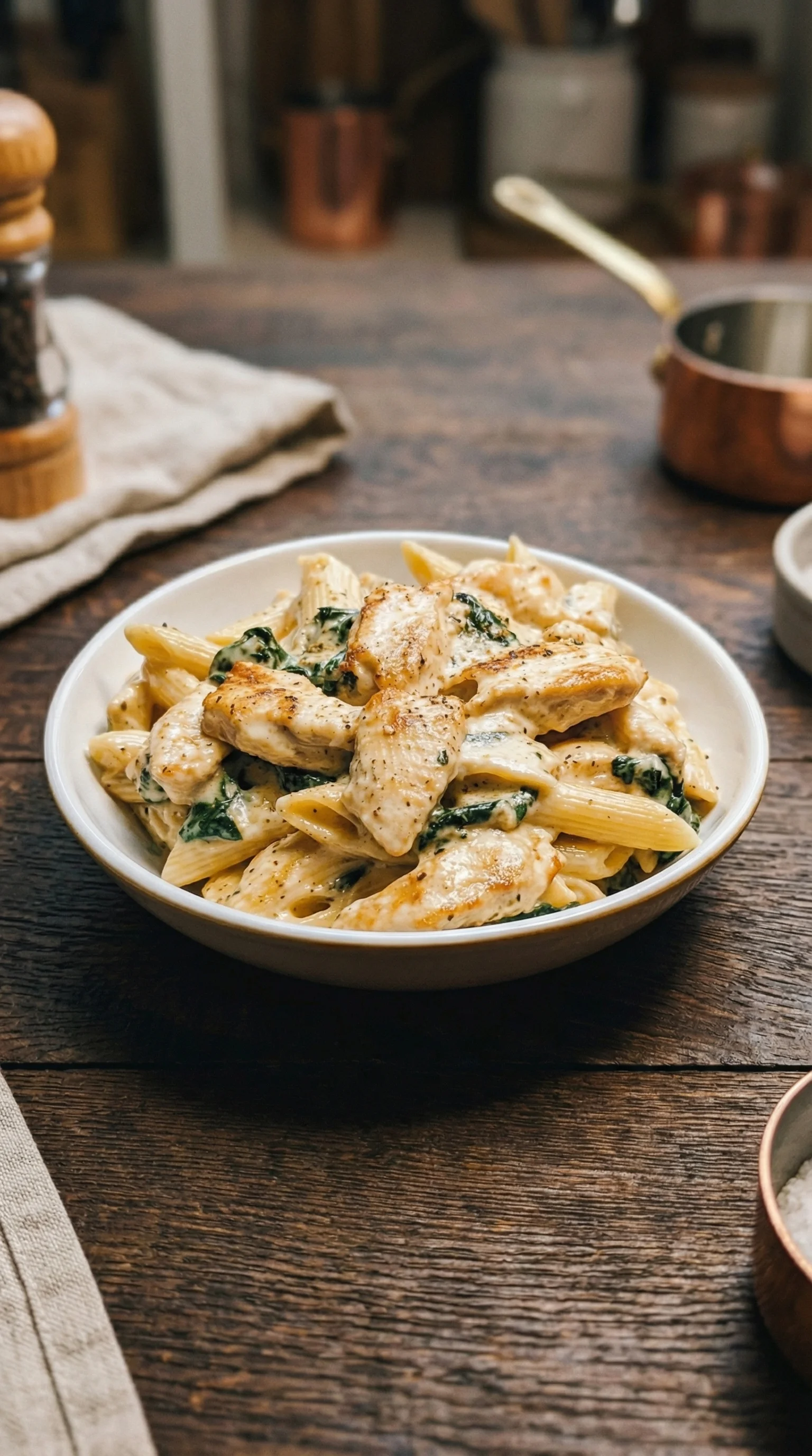 Ein weißer Teller mit Pasta, Spinat, Hähnchen und Frischkäse.