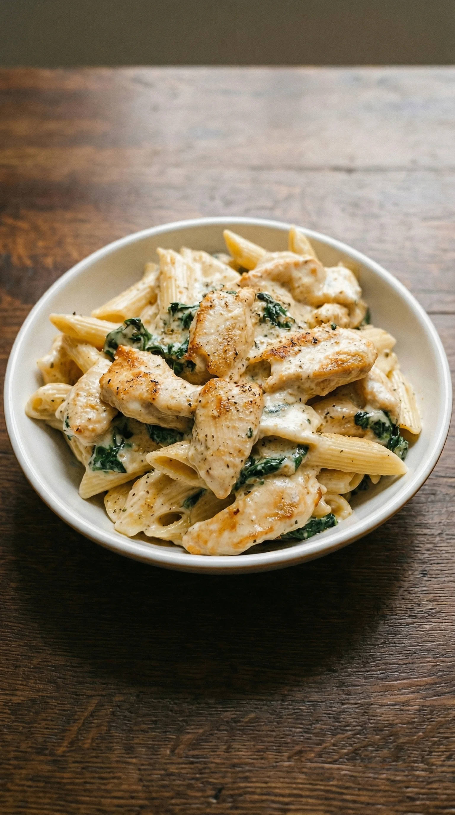Ein weißer Teller mit Pasta, Spinat, Hähnchen und Frischkäse.