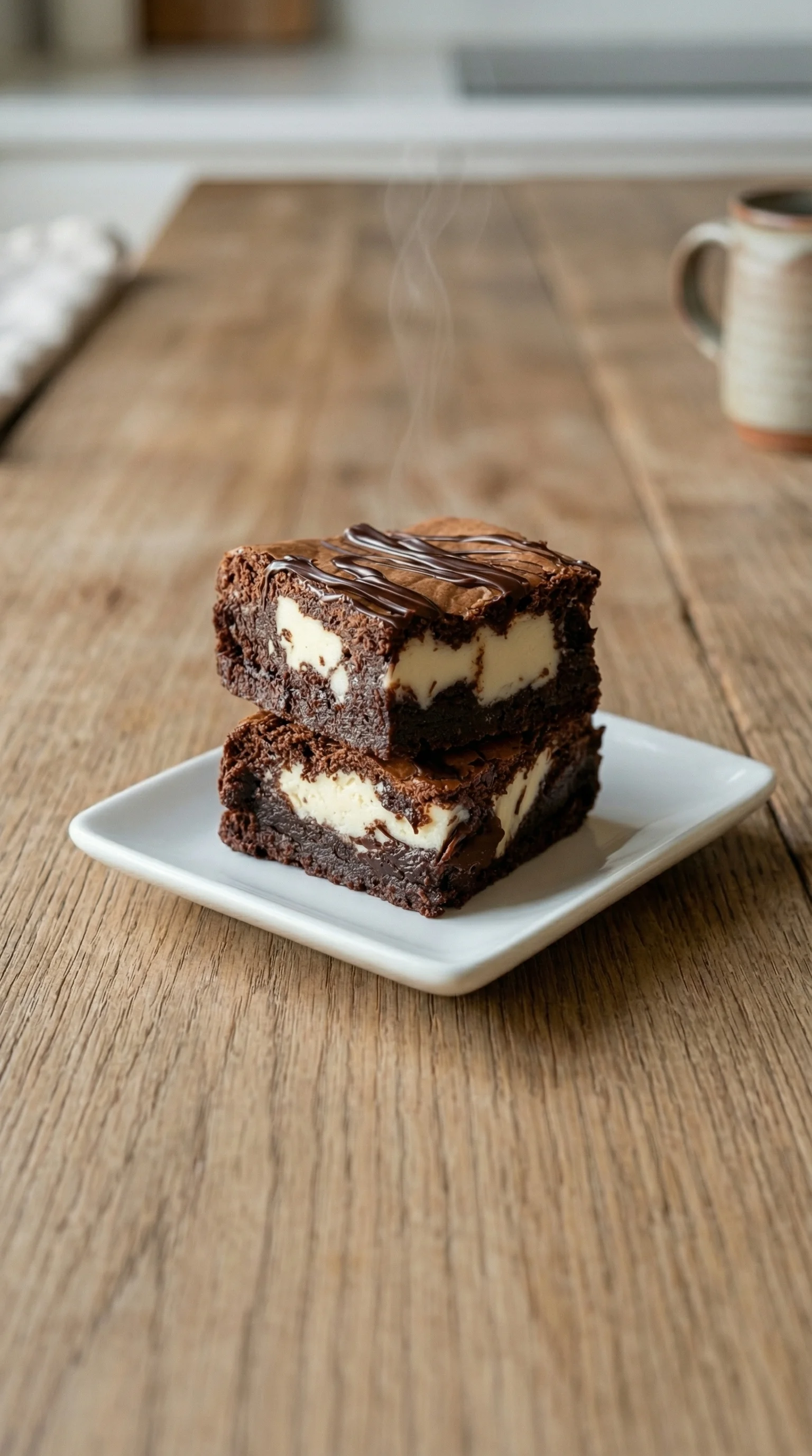 Zwei Frischkäse-Brownies auf einem weißen Plate.